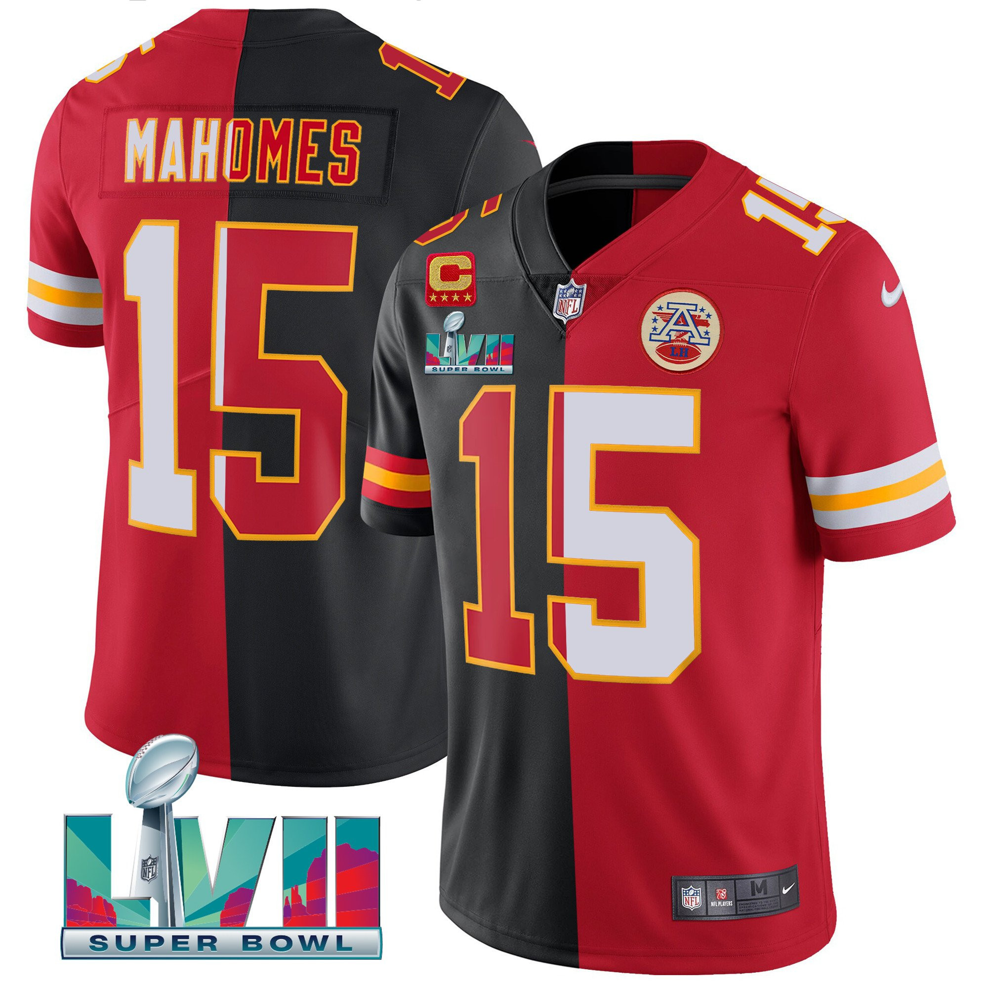 Patrick Mahomes Men's Kansas City Chiefs Super Bowl LVII Vapor Player Split Red-Black Jersey - All Stitched