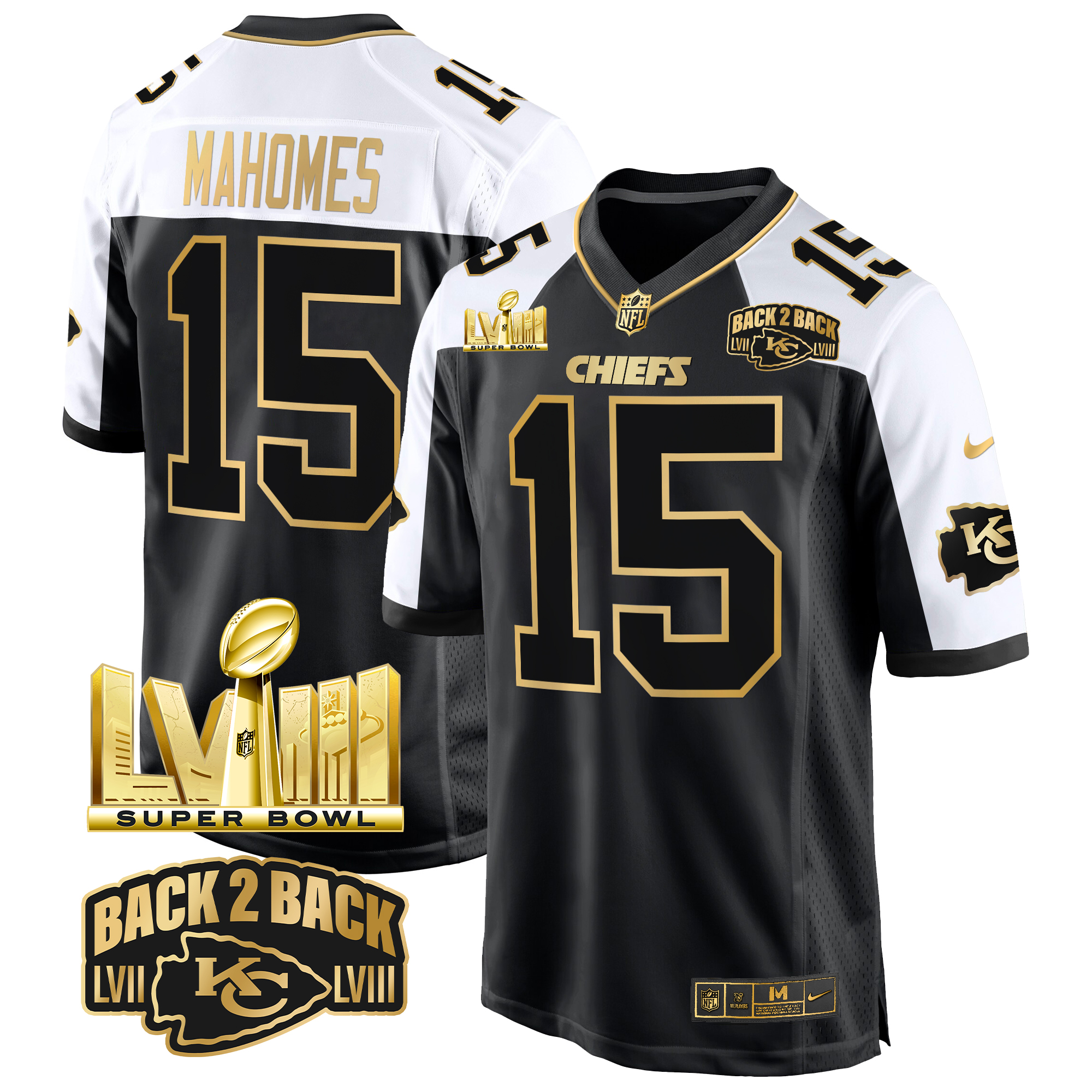 Patrick Mahomes Men's Kansas City Chiefs Super Bowl LVIII & Back 2 Back Gold Game Alternate Jersey - All Stitched