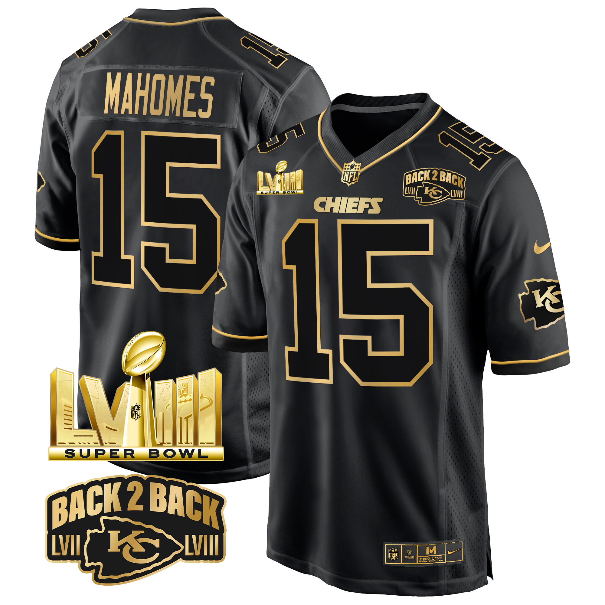Patrick Mahomes Men's Kansas City Chiefs Super Bowl LVIII & Back 2 Back Gold Game Black Gold Jersey - All Stitched