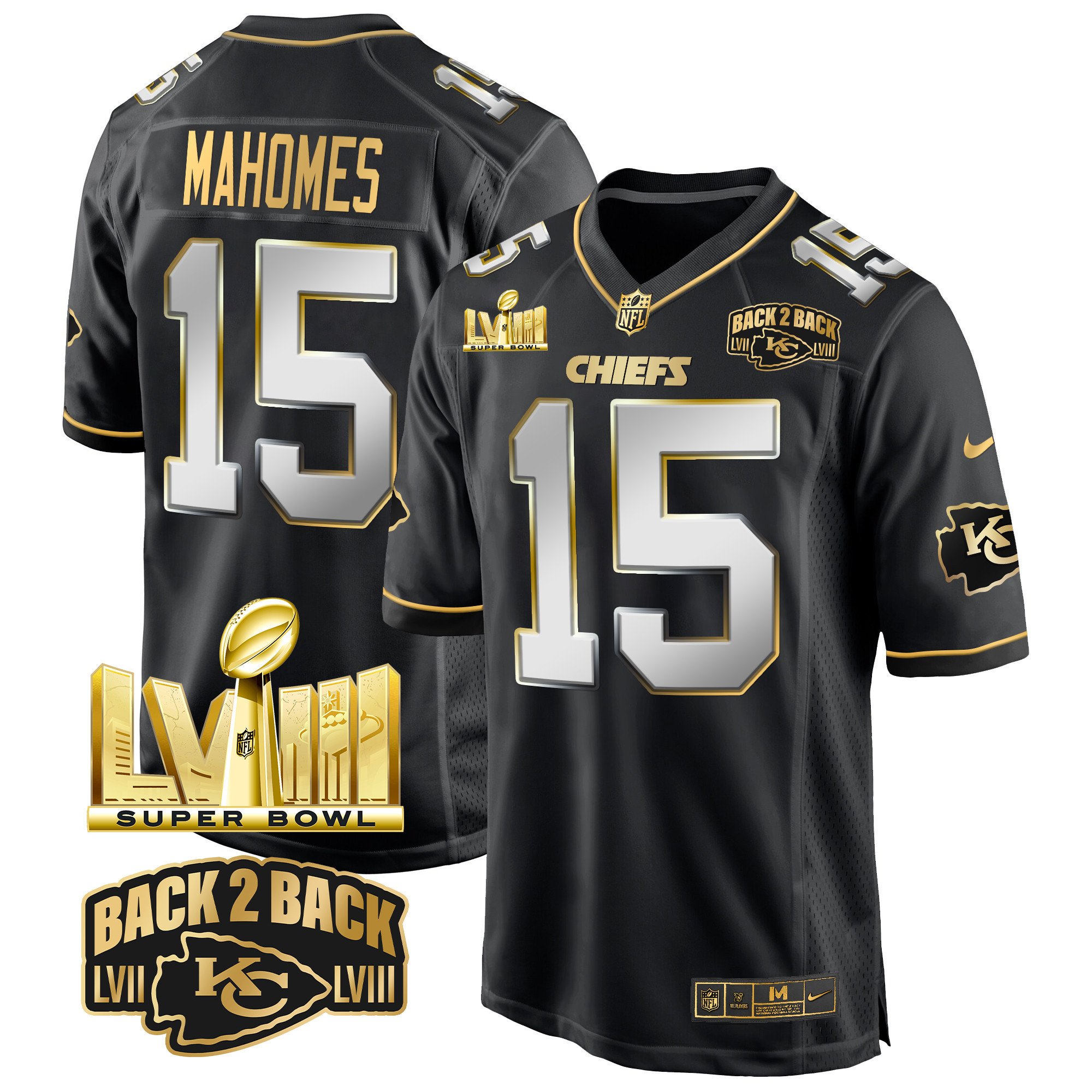 Patrick Mahomes Men's Kansas City Chiefs Super Bowl LVIII & Back 2 Back Gold Game Black Limited Jersey - All Stitched