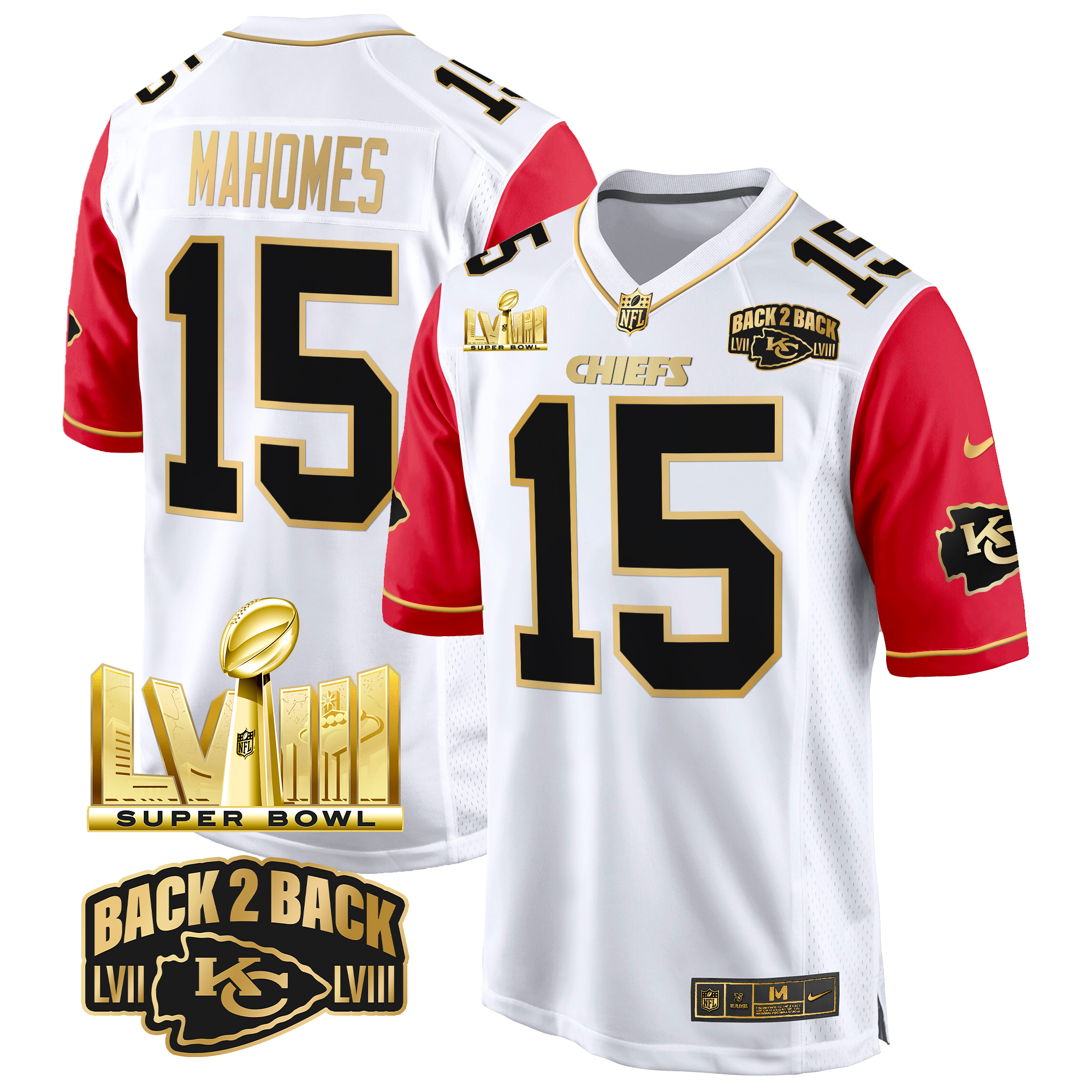 Patrick Mahomes Men's Kansas City Chiefs Super Bowl LVIII & Back 2 Back Gold Game Color Sleeves Jersey - All Stitched