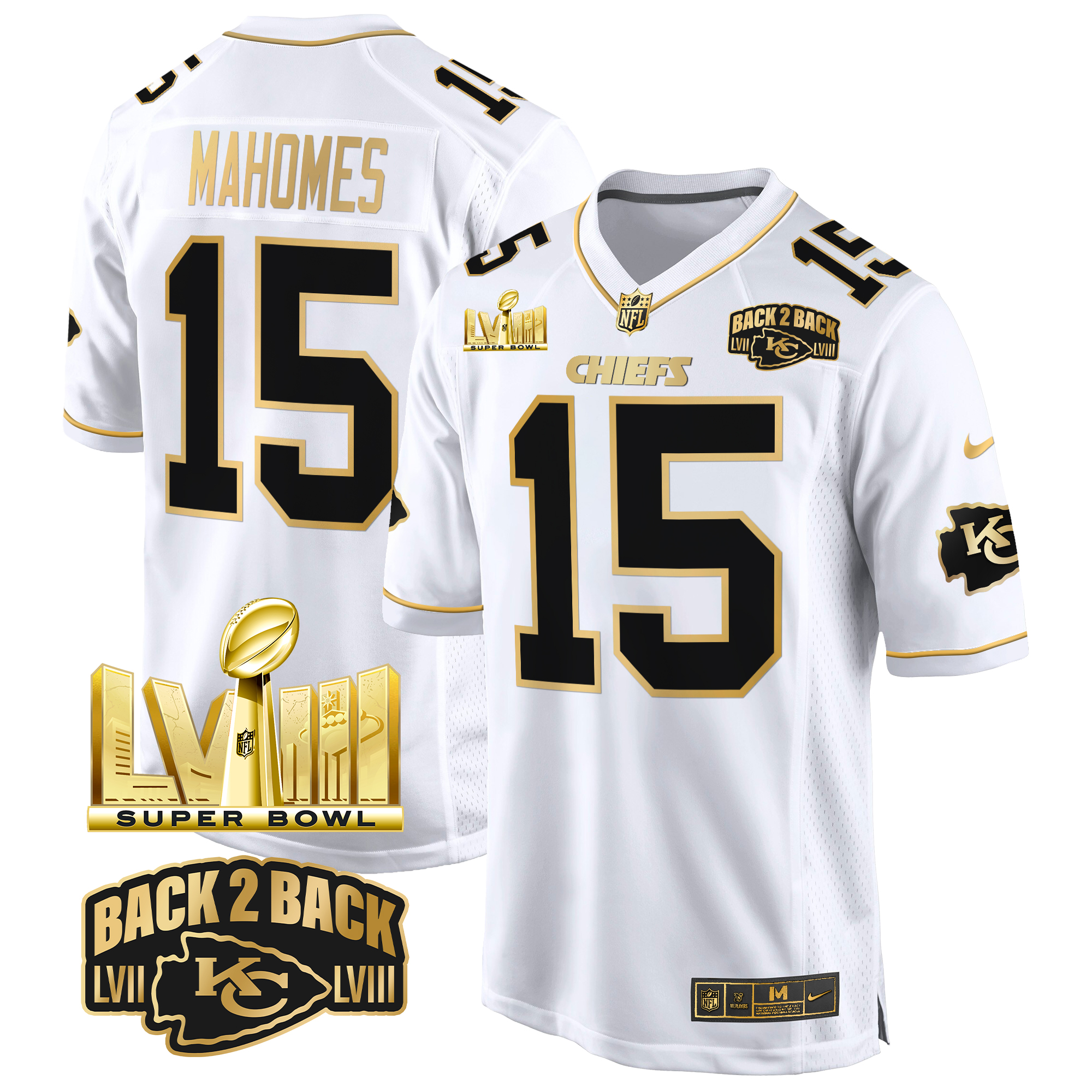 Patrick Mahomes Men's Kansas City Chiefs Super Bowl LVIII & Back 2 Back Gold Game White Gold Jersey - All Stitched