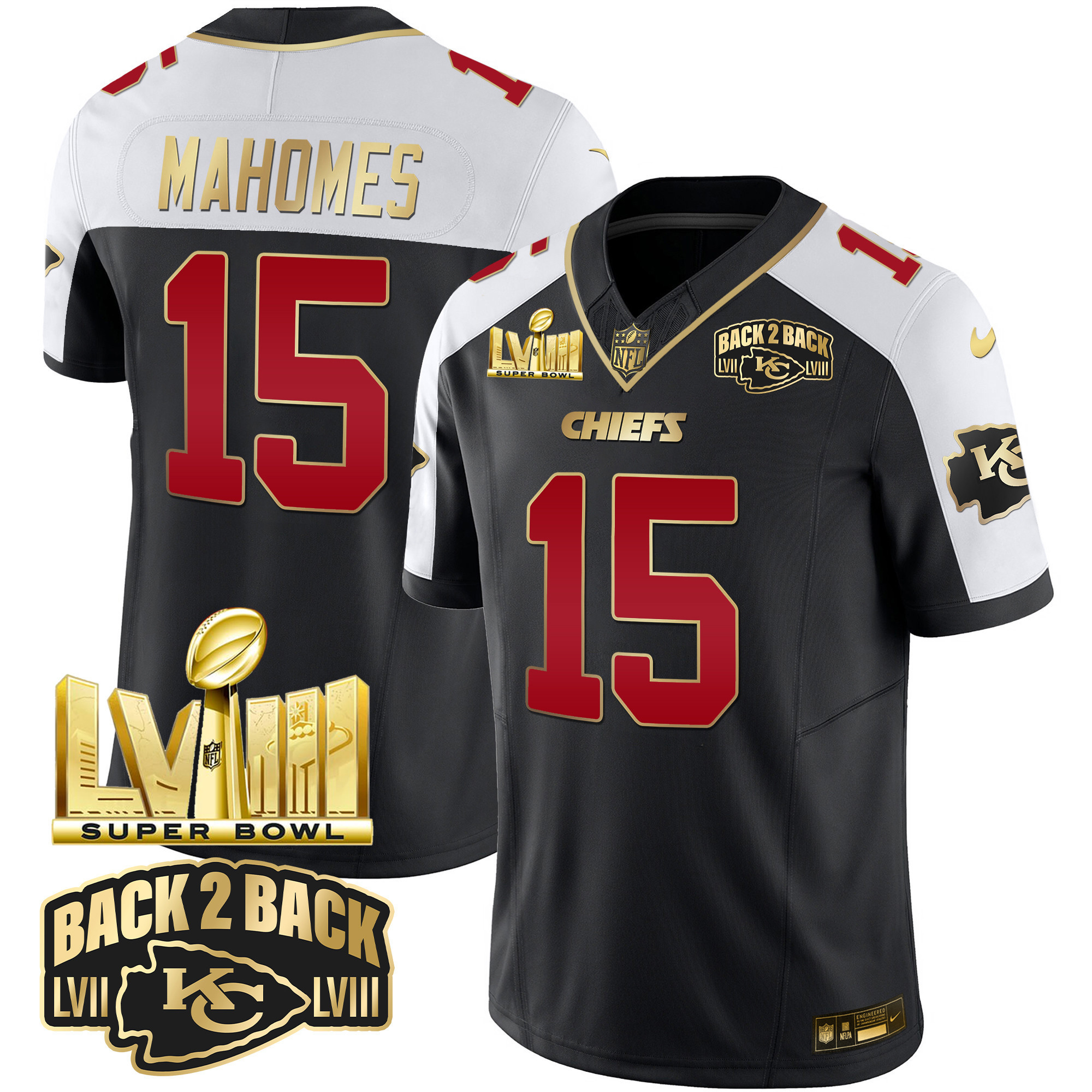 Patrick Mahomes Men's Kansas City Chiefs Super Bowl LVIII & Back 2 Back Gold Patch Vapor Black Alternate Jersey - All Stitched