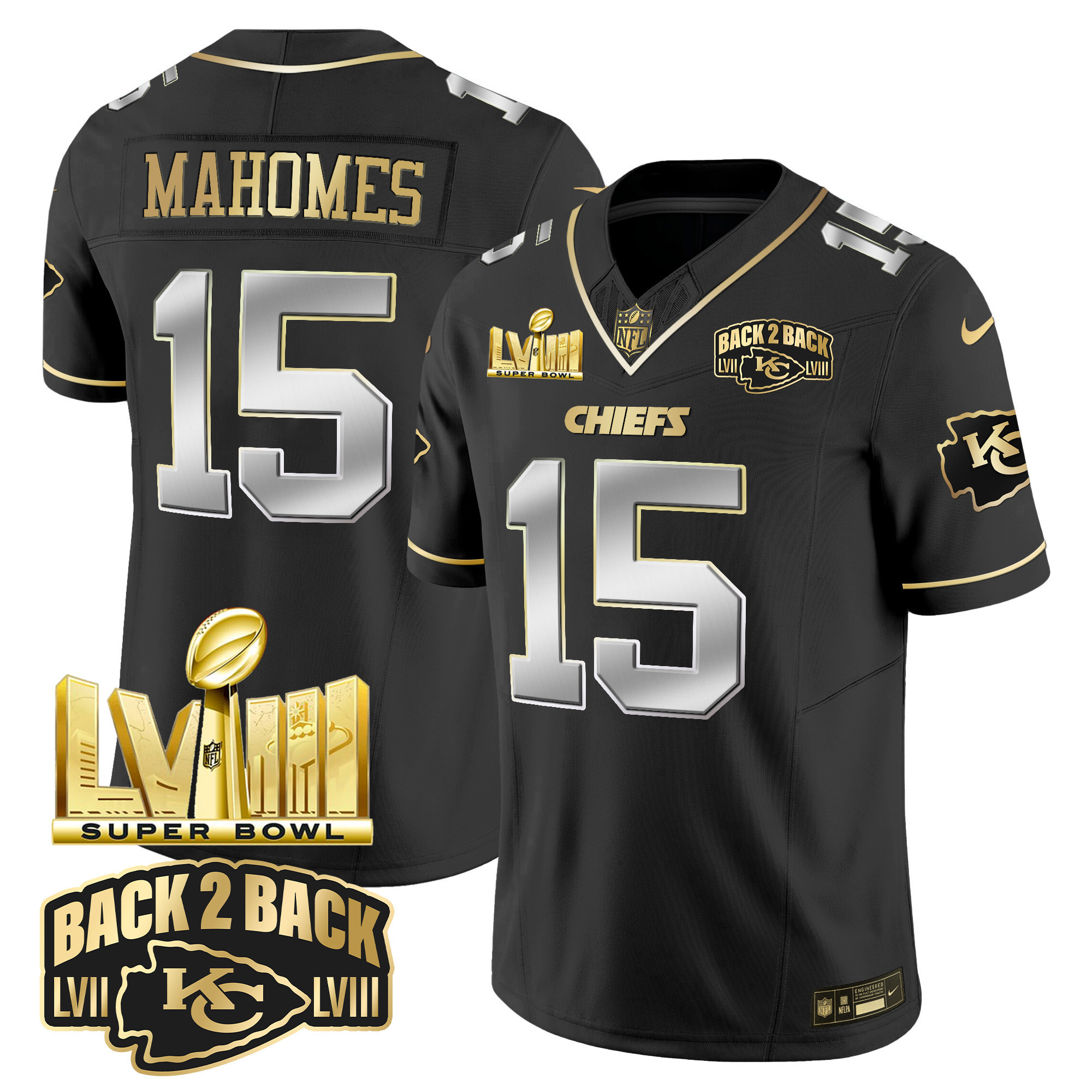 Patrick Mahomes Men's Kansas City Chiefs Super Bowl LVIII & Back 2 Back Gold Patch Vapor Black Limited Jersey - All Stitched