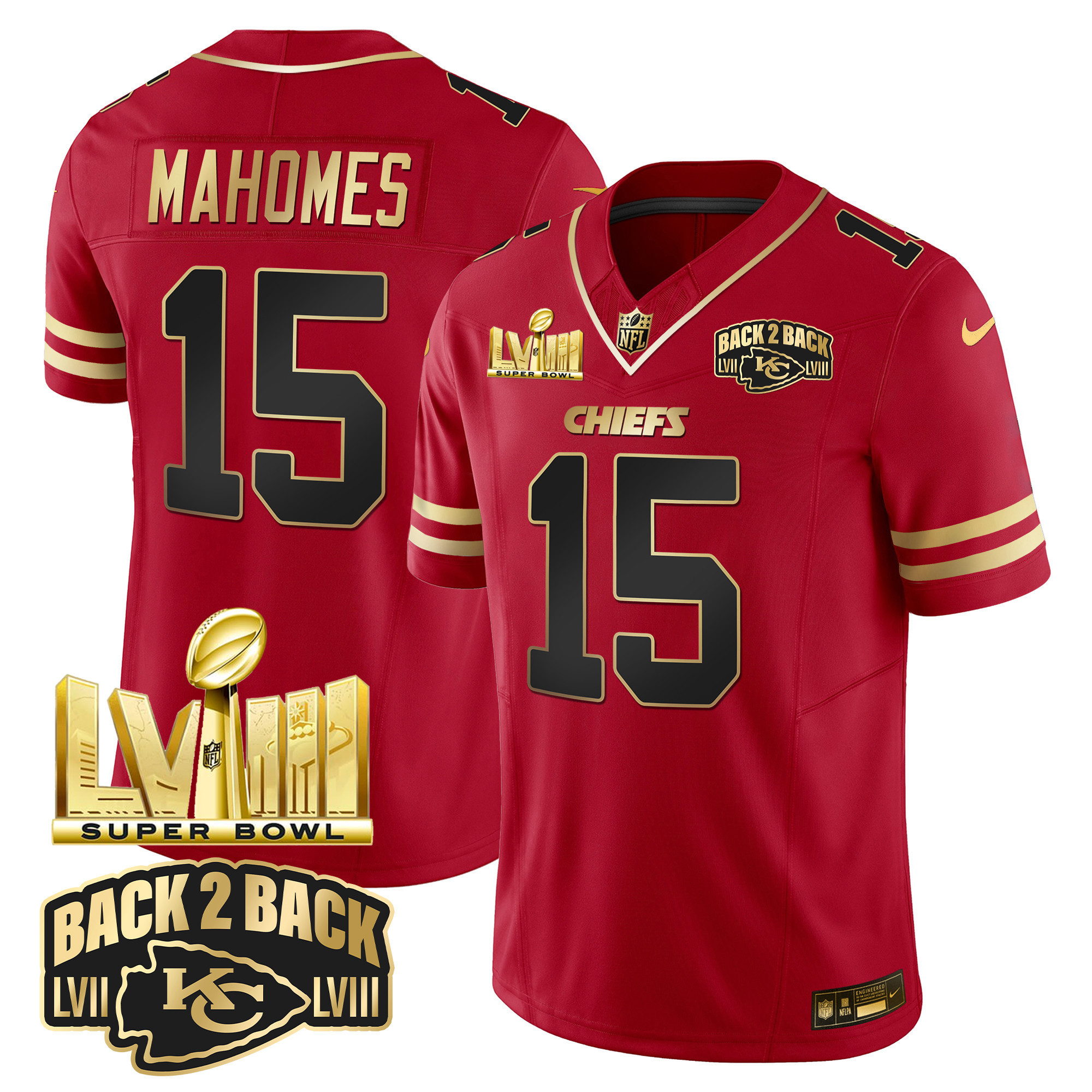 Patrick Mahomes Men's Kansas City Chiefs Super Bowl LVIII & Back 2 Back Gold Patch Vapor Black Red Jersey - All Stitched