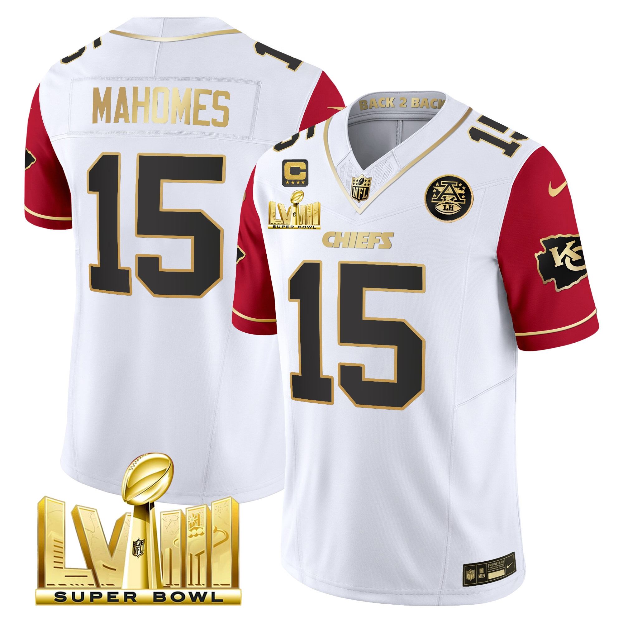Patrick Mahomes Men's Kansas City Chiefs Super Bowl LVIII & Back 2 Back Gold Patch Vapor Color Sleeves Jersey - All Stitched