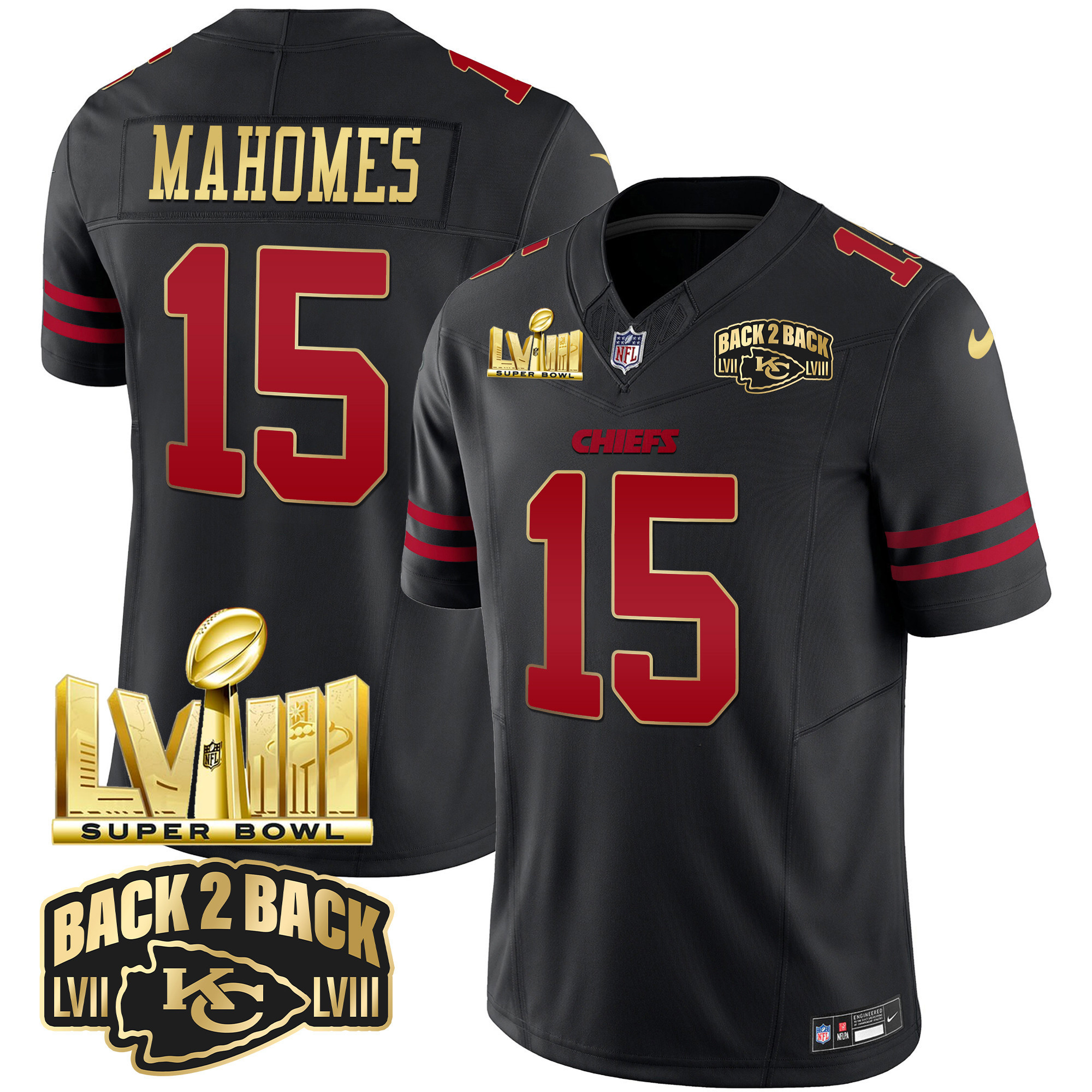 Patrick Mahomes Men's Kansas City Chiefs Super Bowl LVIII & Back 2 Back Gold Patch Vapor Gold Trim Jersey - All Stitched