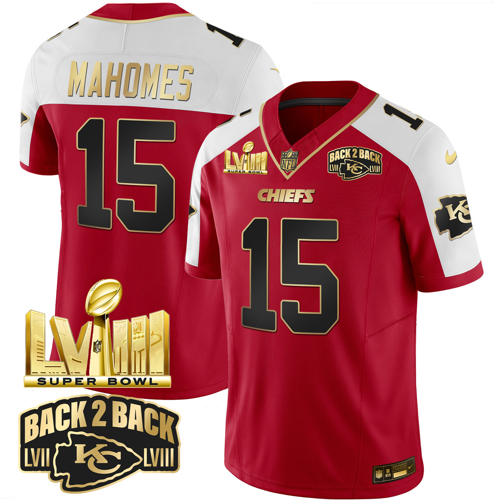 Patrick Mahomes Men's Kansas City Chiefs Super Bowl LVIII & Back 2 Back Gold Patch Vapor Red Alternate Jersey - All Stitched