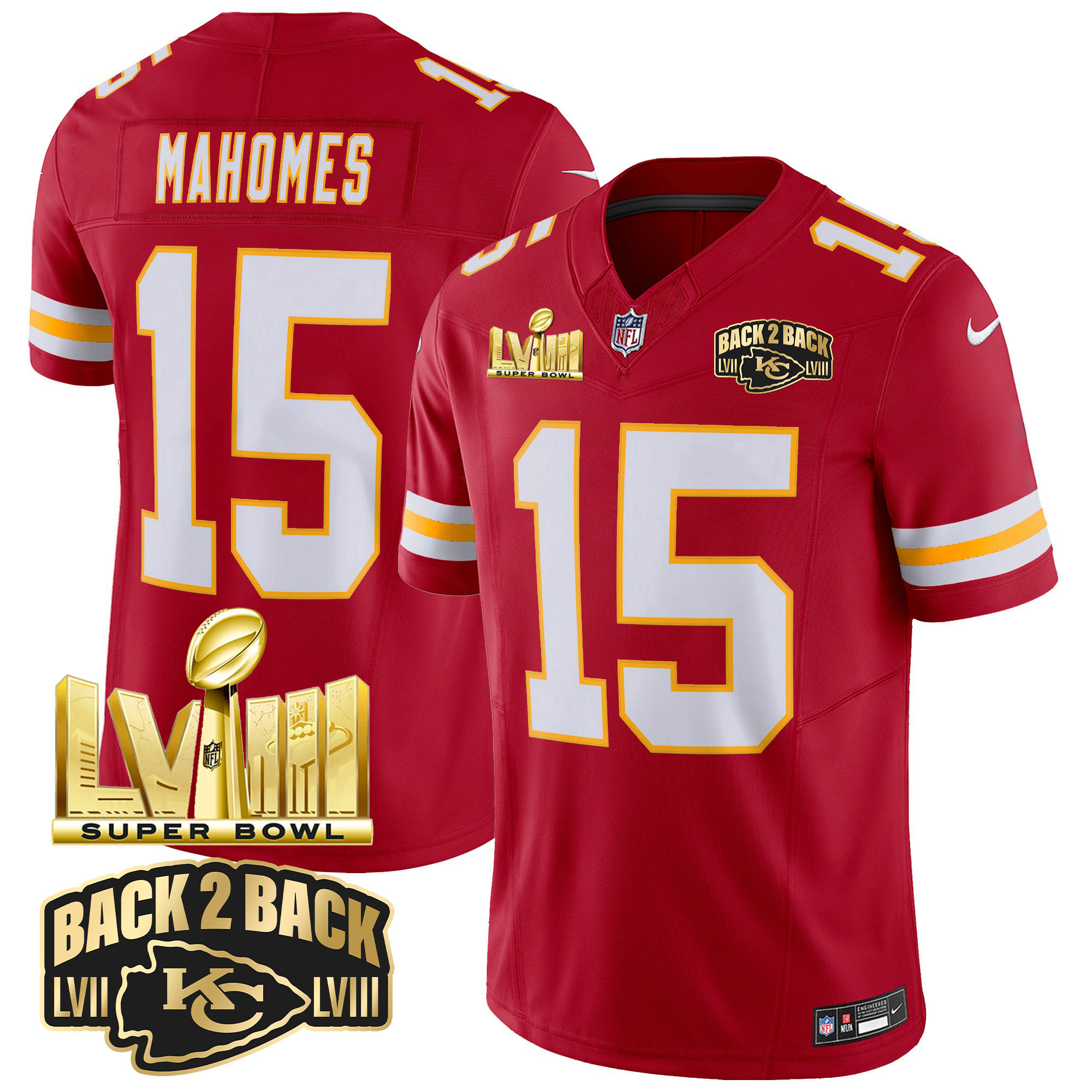 Patrick Mahomes Men's Kansas City Chiefs Super Bowl LVIII & Back 2 Back Gold Patch Vapor Red Jersey - All Stitched