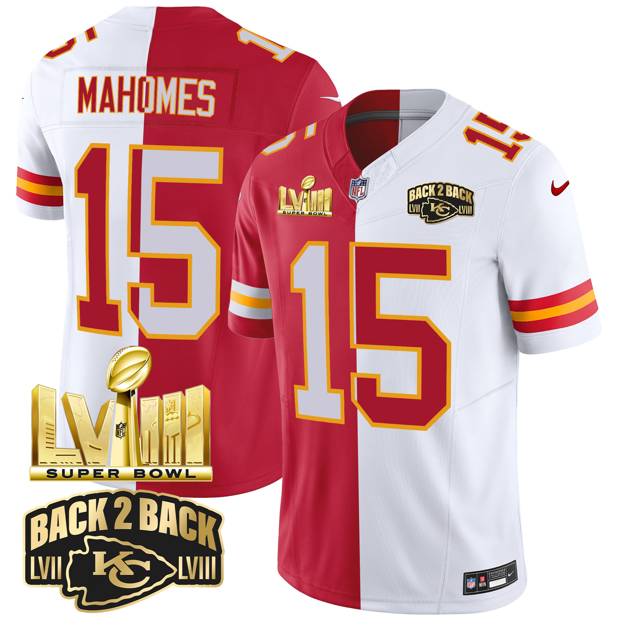 Patrick Mahomes Men's Kansas City Chiefs Super Bowl LVIII & Back 2 Back Gold Patch Vapor Split Jersey - All Stitched