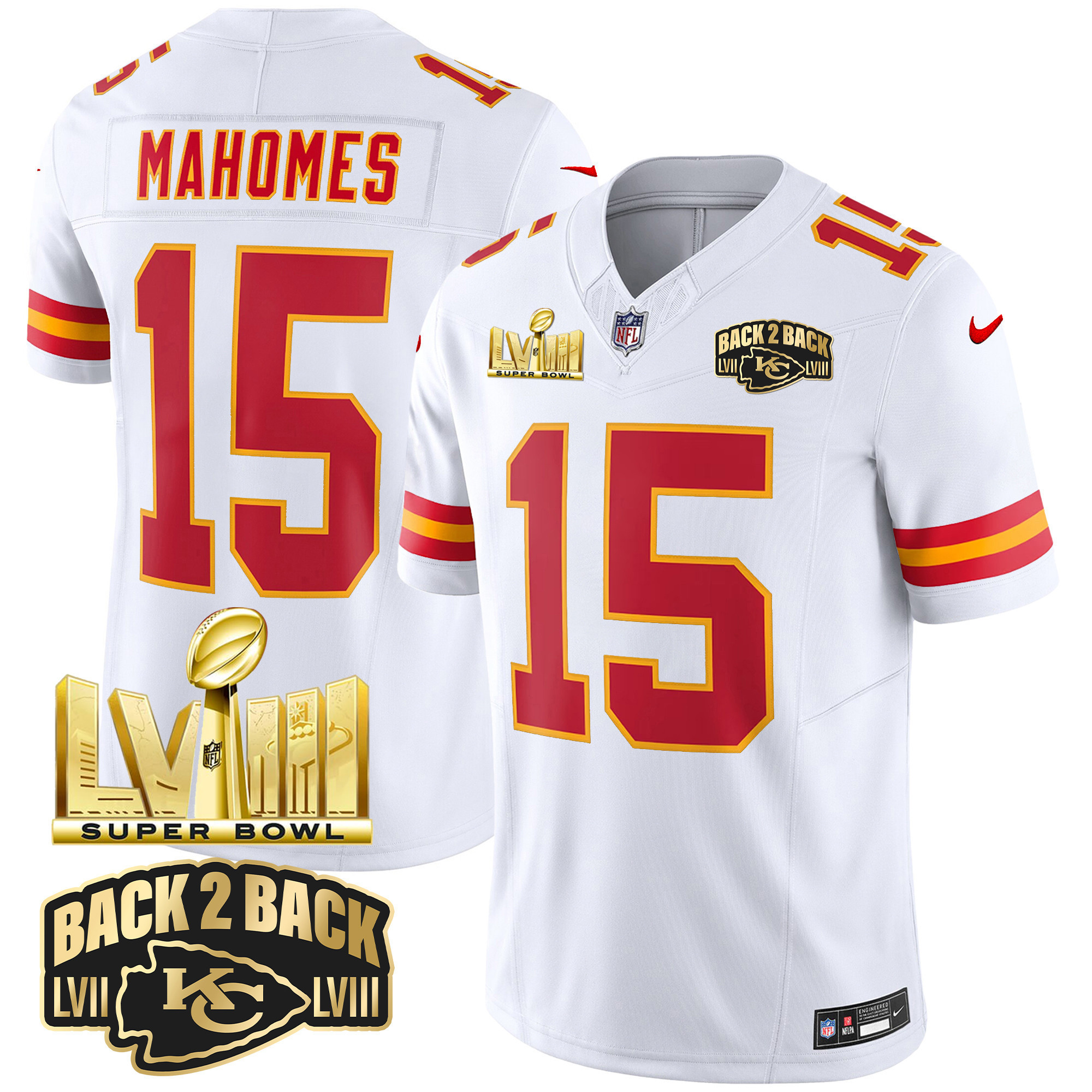 Patrick Mahomes Men's Kansas City Chiefs Super Bowl LVIII & Back 2 Back Gold Patch Vapor White Jersey - All Stitched