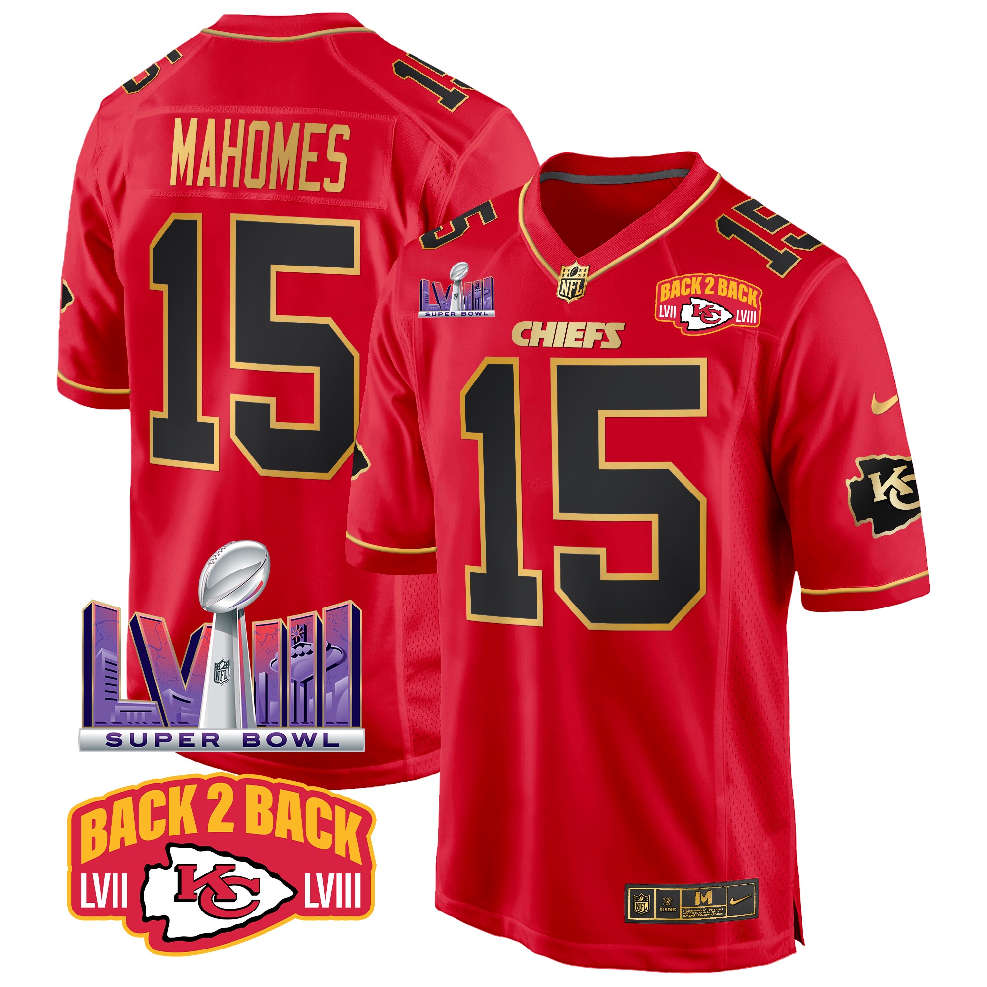 Patrick Mahomes Men's Kansas City Chiefs Super Bowl LVIII & Back 2 Back Patch Game Red Special Jersey - All Stitched