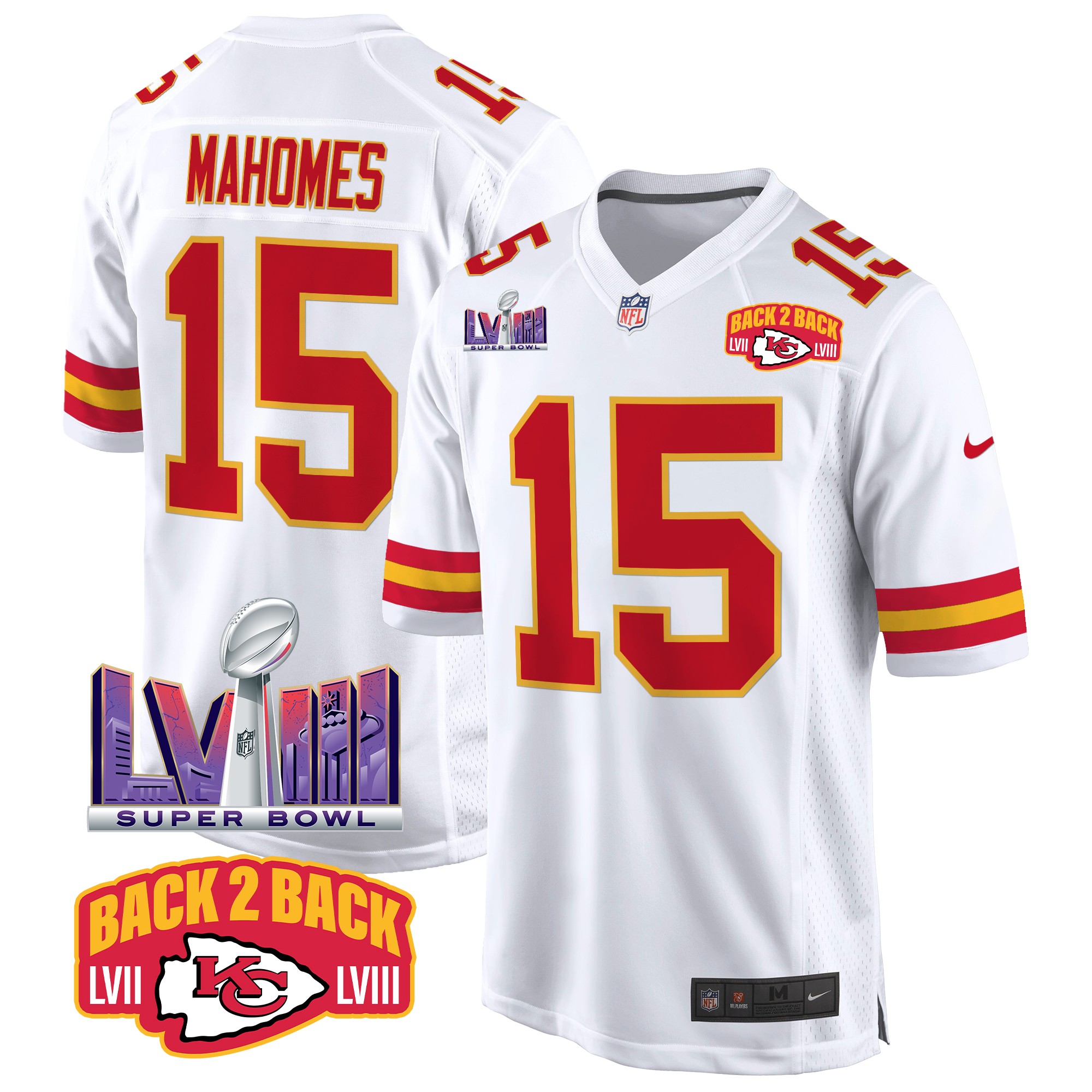 Patrick Mahomes Men's Kansas City Chiefs Super Bowl LVIII & Back 2 Back Patch Game White Jersey - All Stitched