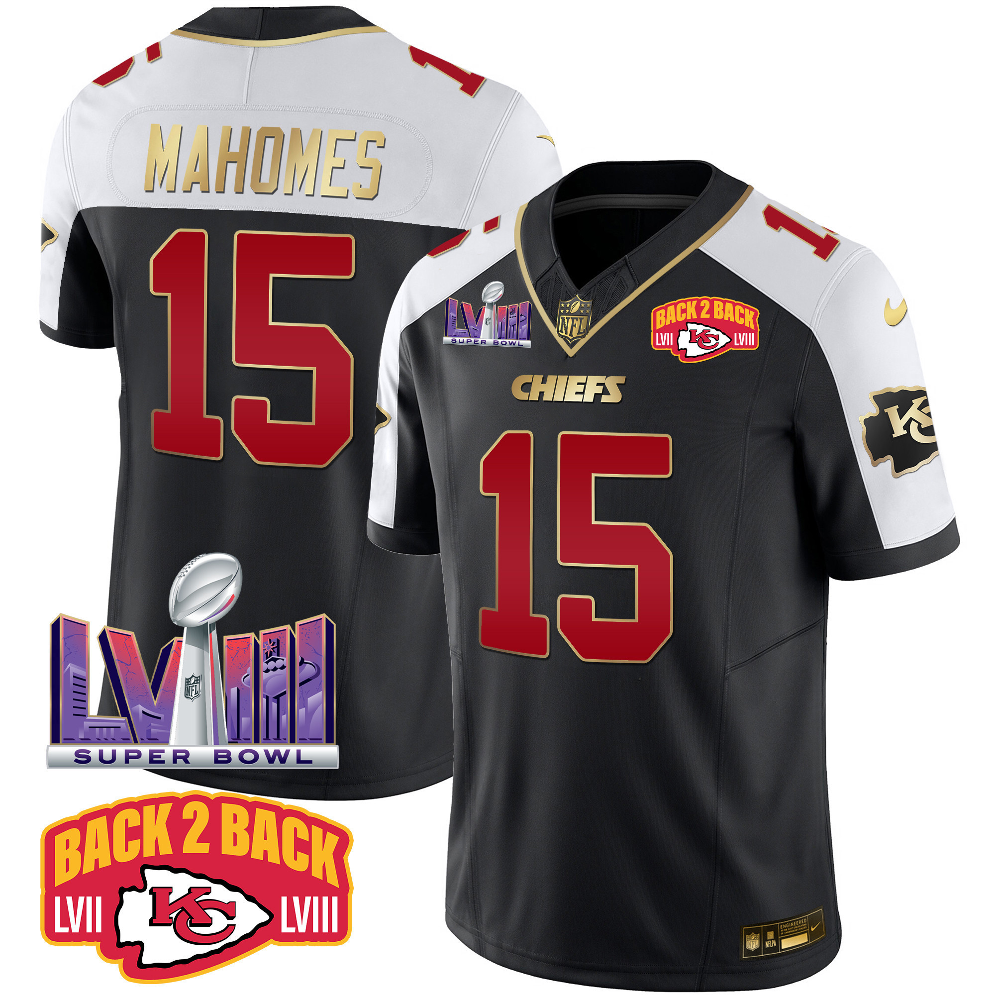 Patrick Mahomes Men's Kansas City Chiefs Super Bowl LVIII & Back 2 Back Patch Vapor Black Alternate Jersey - All Stitched