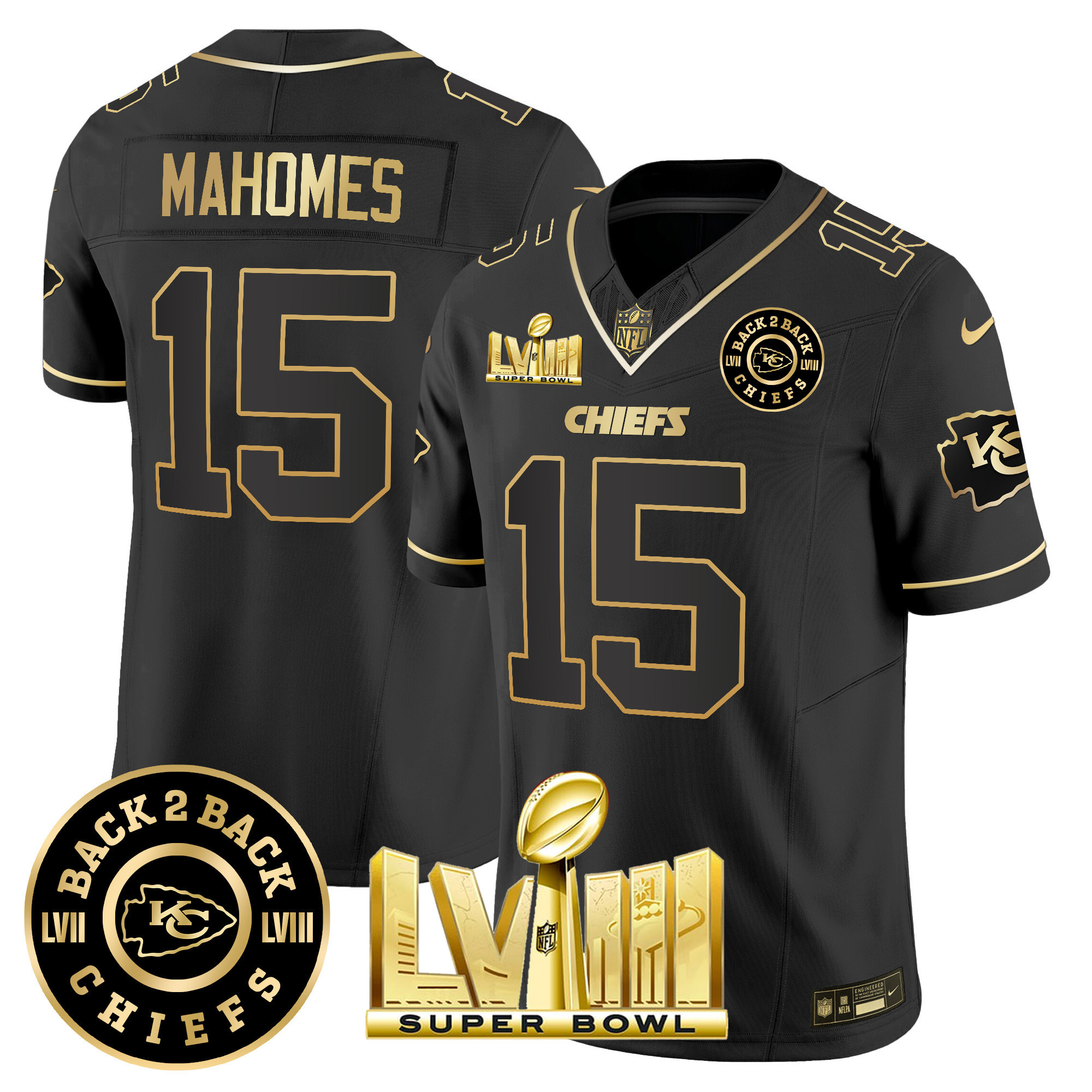 Patrick Mahomes Men's Kansas City Chiefs Super Bowl LVIII & Back 2 Back Patch Vapor Black Gold Jersey - All Stitched