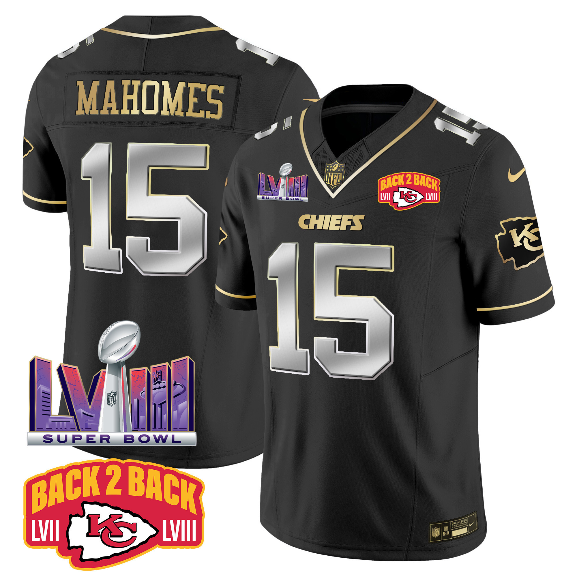 Patrick Mahomes Men's Kansas City Chiefs Super Bowl LVIII & Back 2 Back Patch Vapor Black Limited Jersey - All Stitched