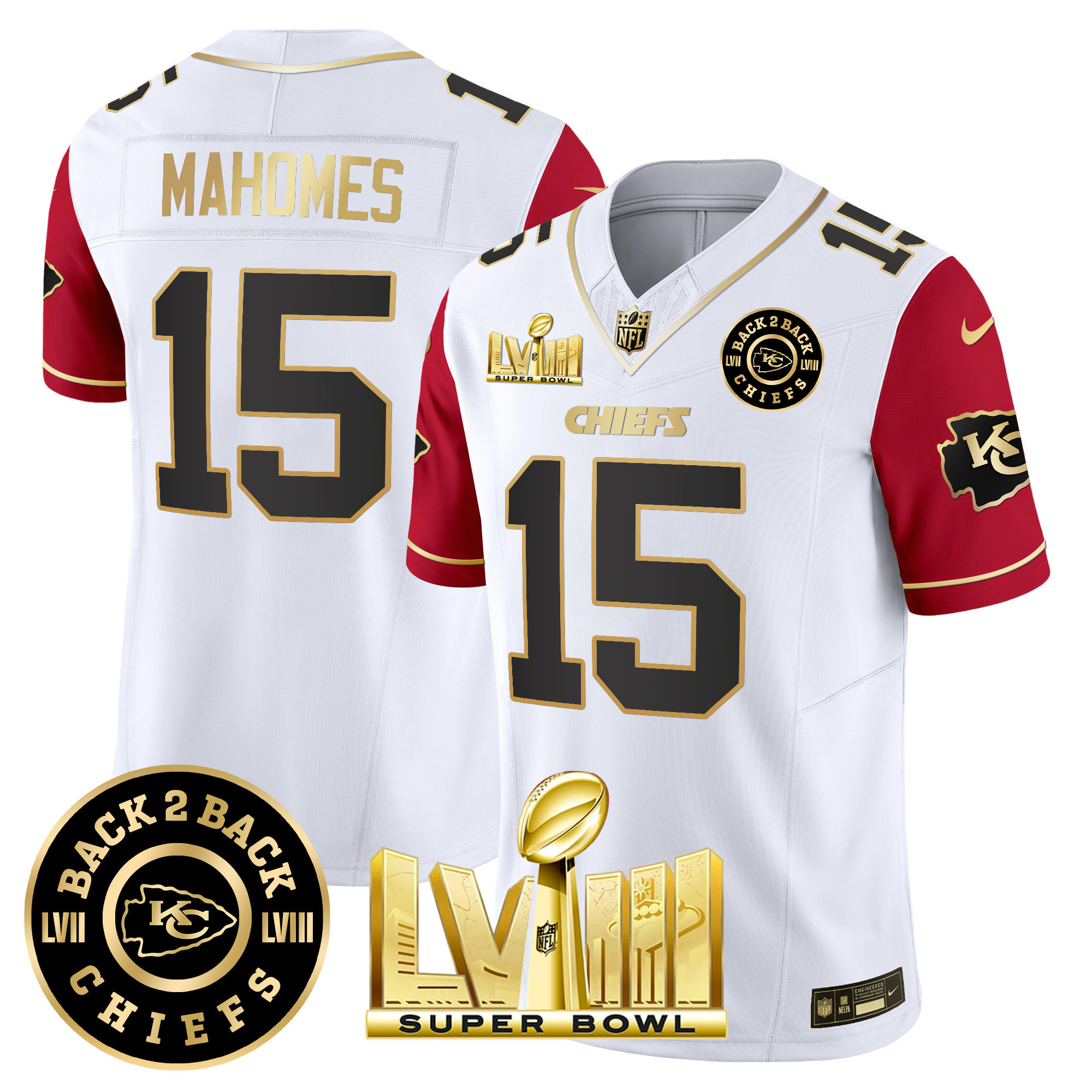 Patrick Mahomes Men's Kansas City Chiefs Super Bowl LVIII & Back 2 Back Patch Vapor Color Sleeves Jersey - All Stitched