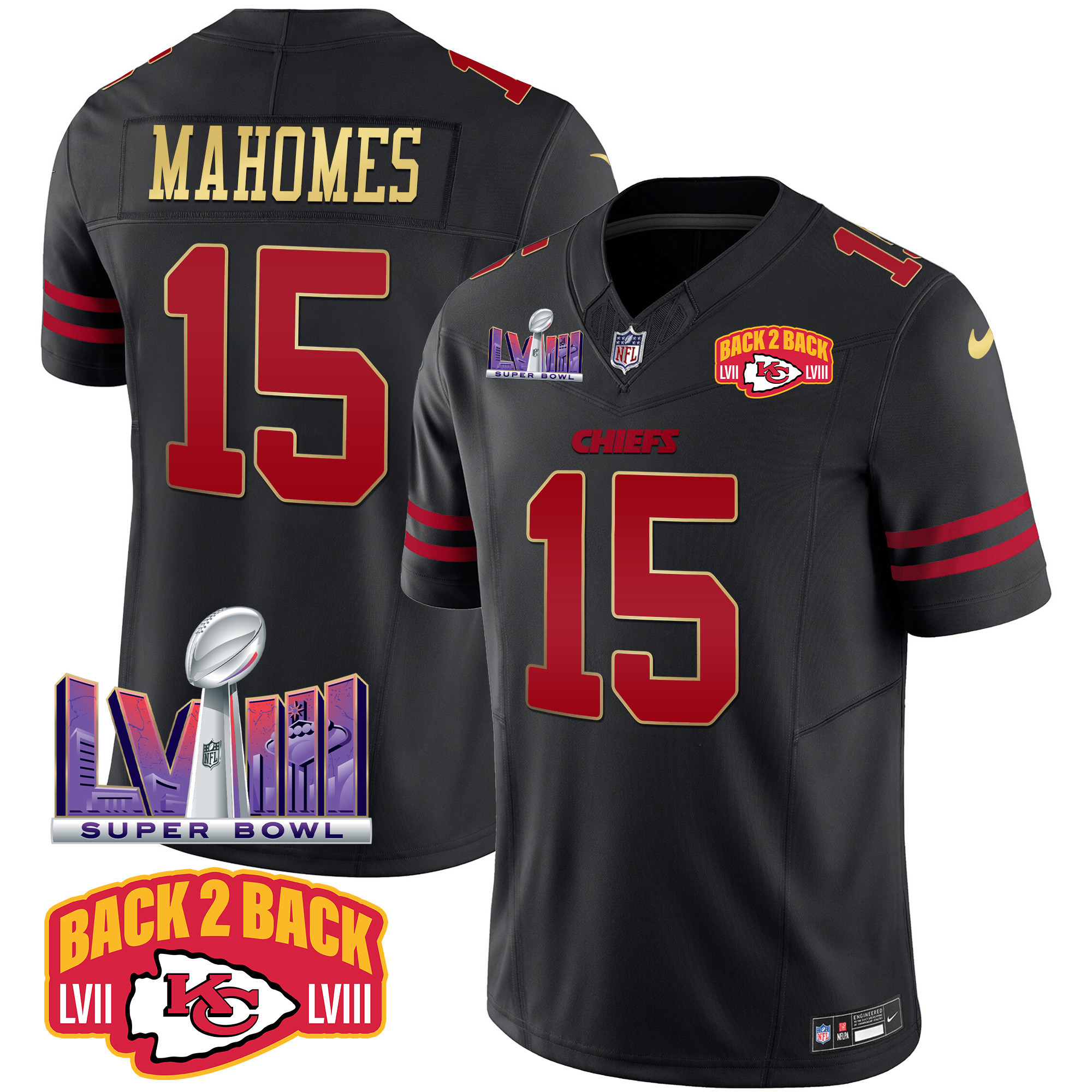 Patrick Mahomes Men's Kansas City Chiefs Super Bowl LVIII & Back 2 Back Patch Vapor Gold Trim Jersey - All Stitched
