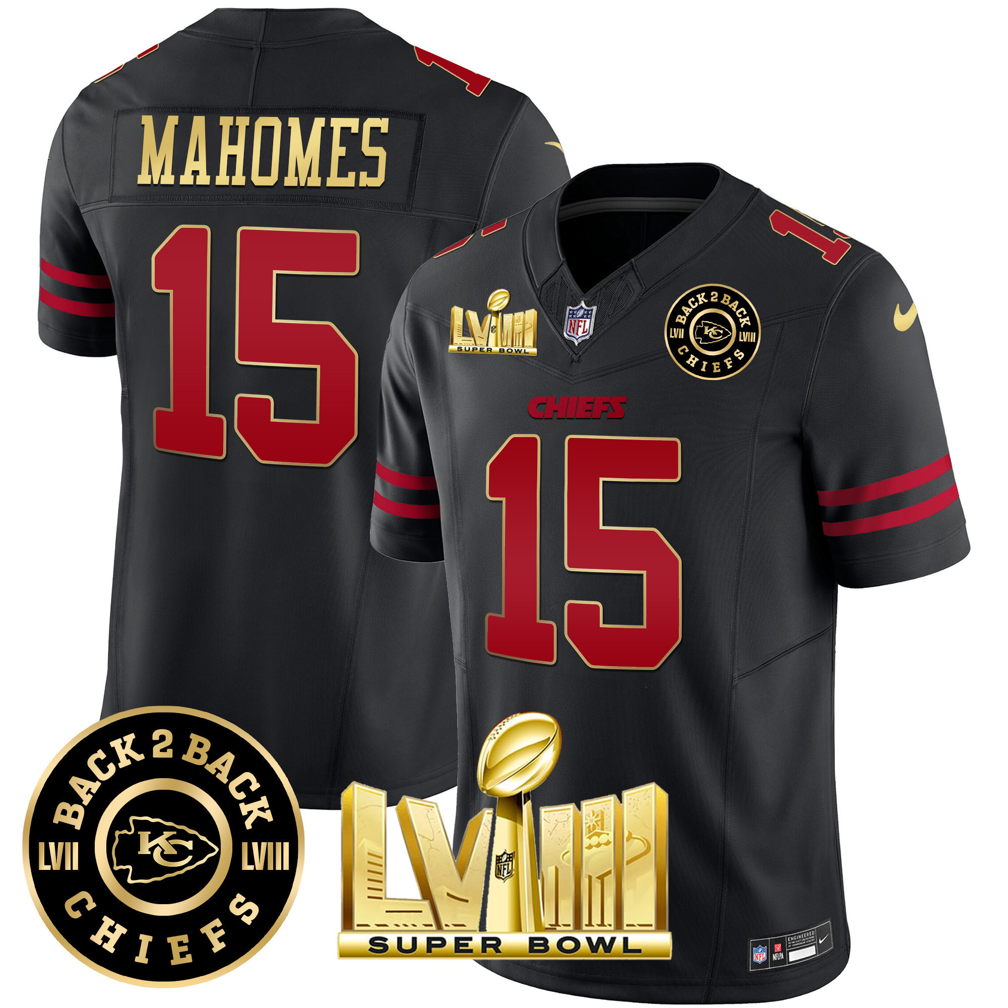Patrick Mahomes Men's Kansas City Chiefs Super Bowl LVIII & Back 2 Back Patch Vapor Gold Trim Jersey - All Stitched