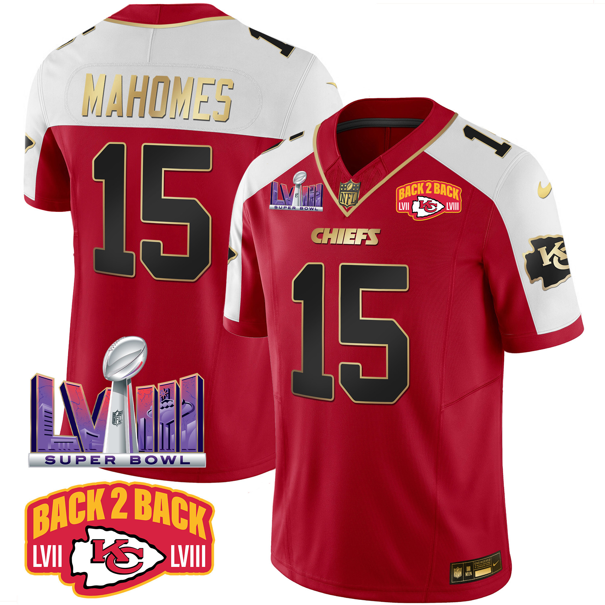 Patrick Mahomes Men's Kansas City Chiefs Super Bowl LVIII & Back 2 Back Patch Vapor Red Alternate Jersey - All Stitched