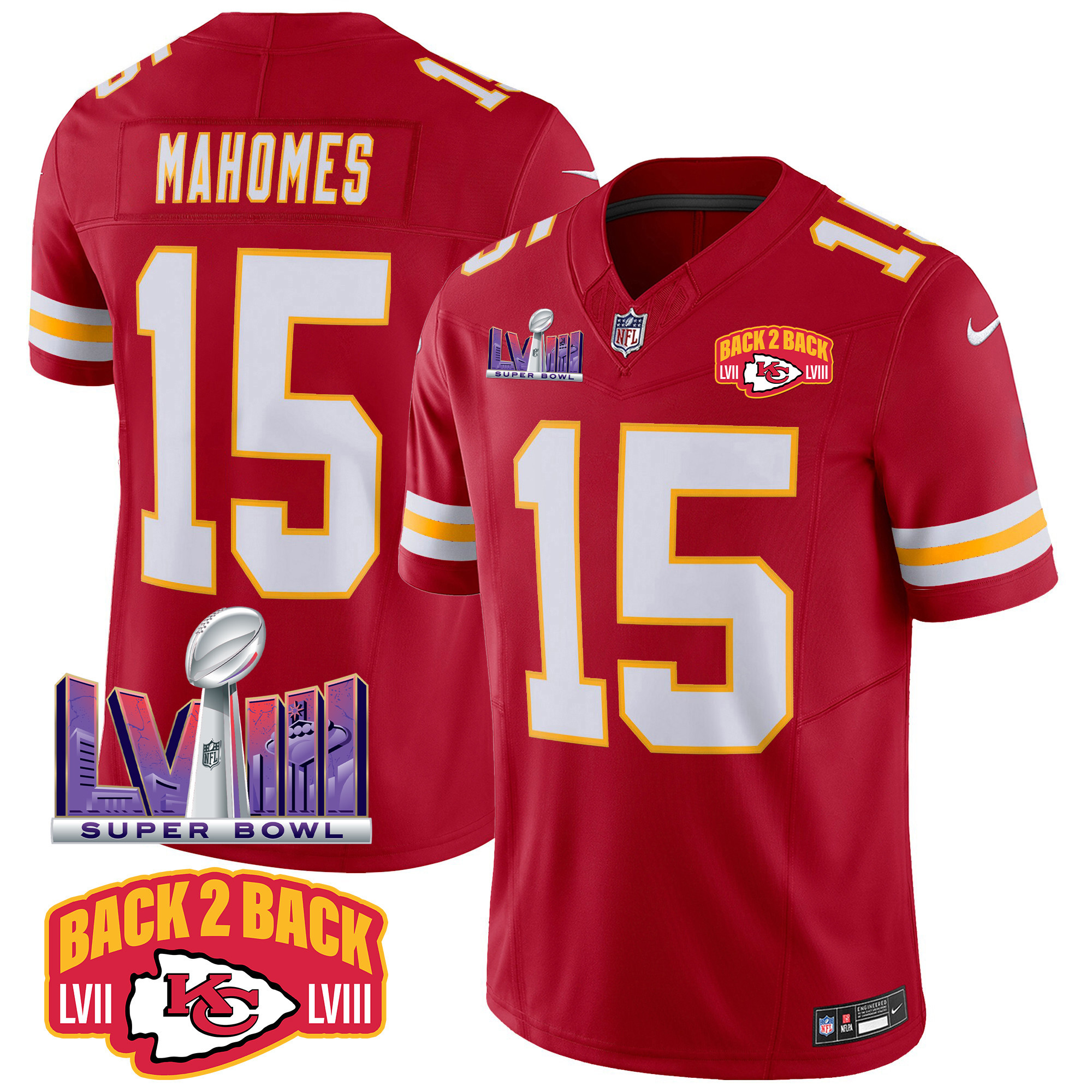 Patrick Mahomes Men's Kansas City Chiefs Super Bowl LVIII & Back 2 Back Patch Vapor Red Jersey - All Stitched