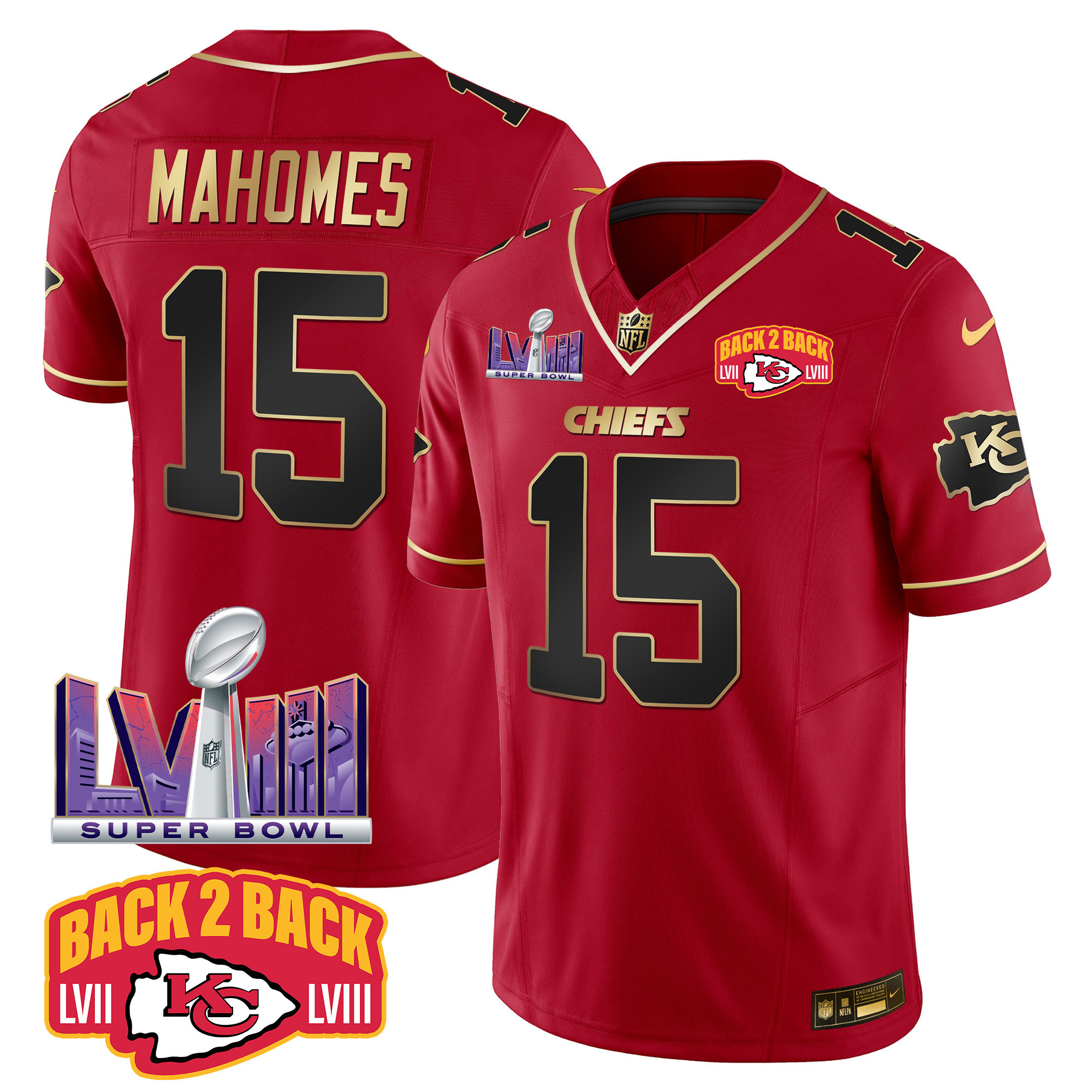 Patrick Mahomes Men's Kansas City Chiefs Super Bowl LVIII & Back 2 Back Patch Vapor Red Special Jersey - All Stitched