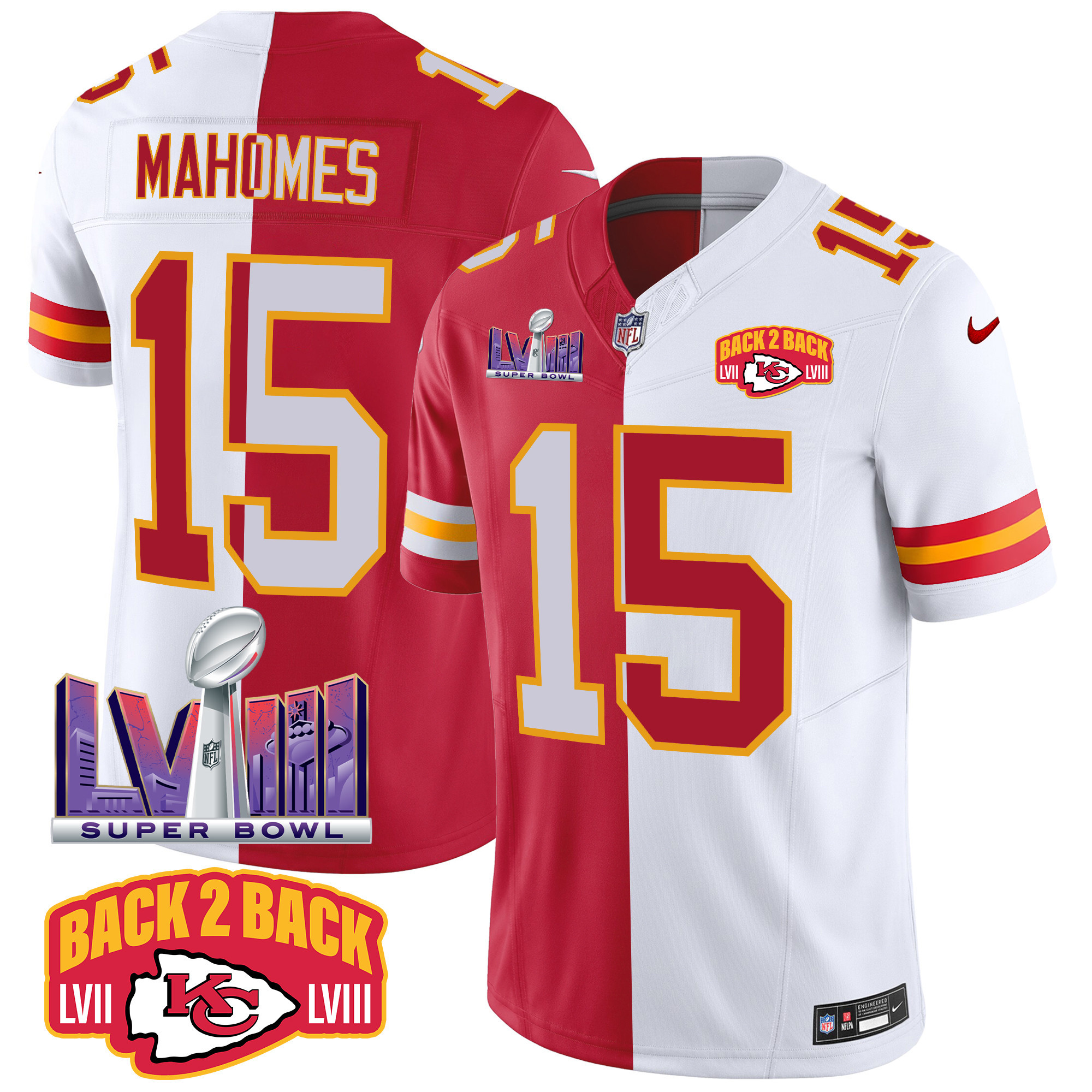 Patrick Mahomes Men's Kansas City Chiefs Super Bowl LVIII & Back 2 Back Patch Vapor Split Jersey - All Stitched
