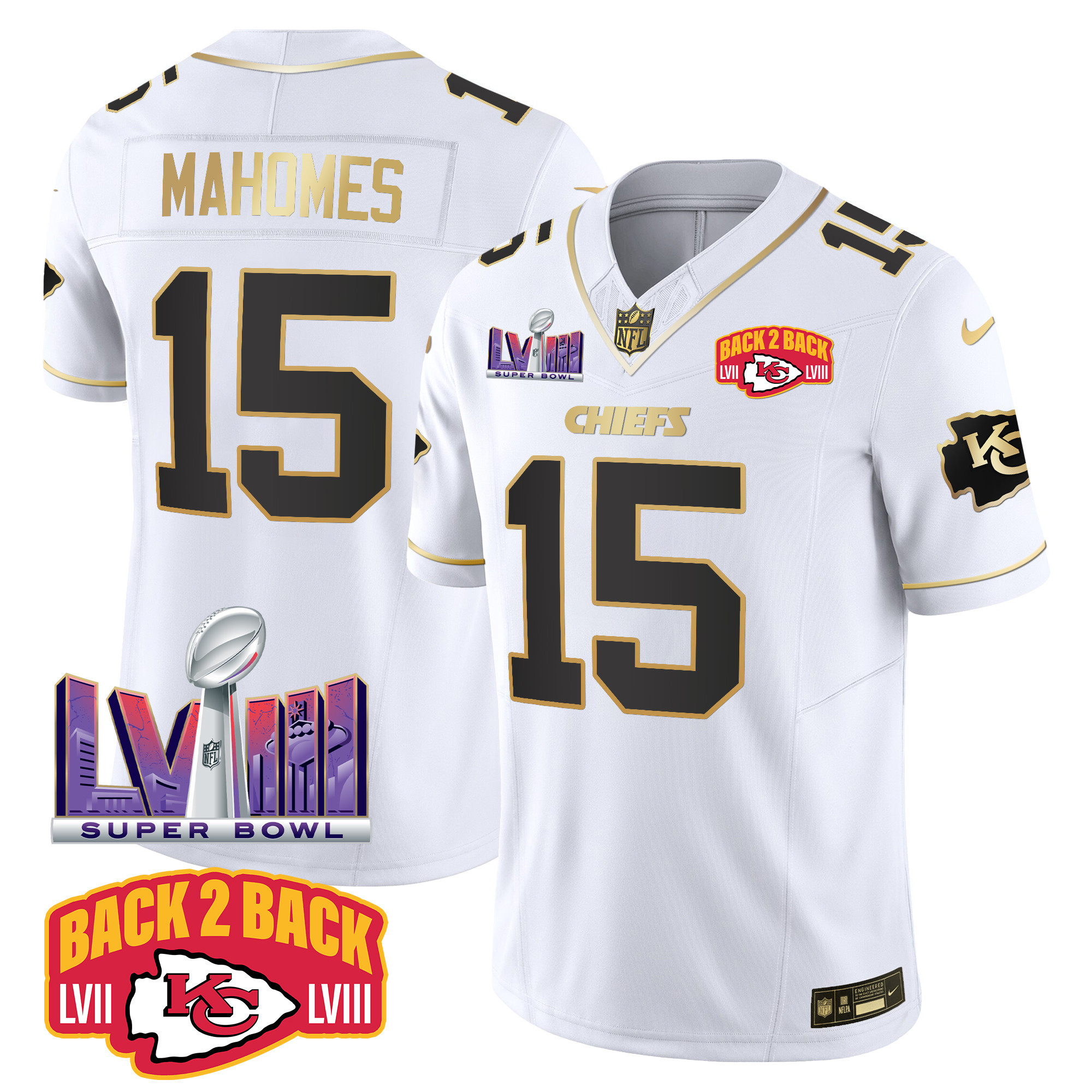 Patrick Mahomes Men's Kansas City Chiefs Super Bowl LVIII & Back 2 Back Patch Vapor White Gold Jersey - All Stitched