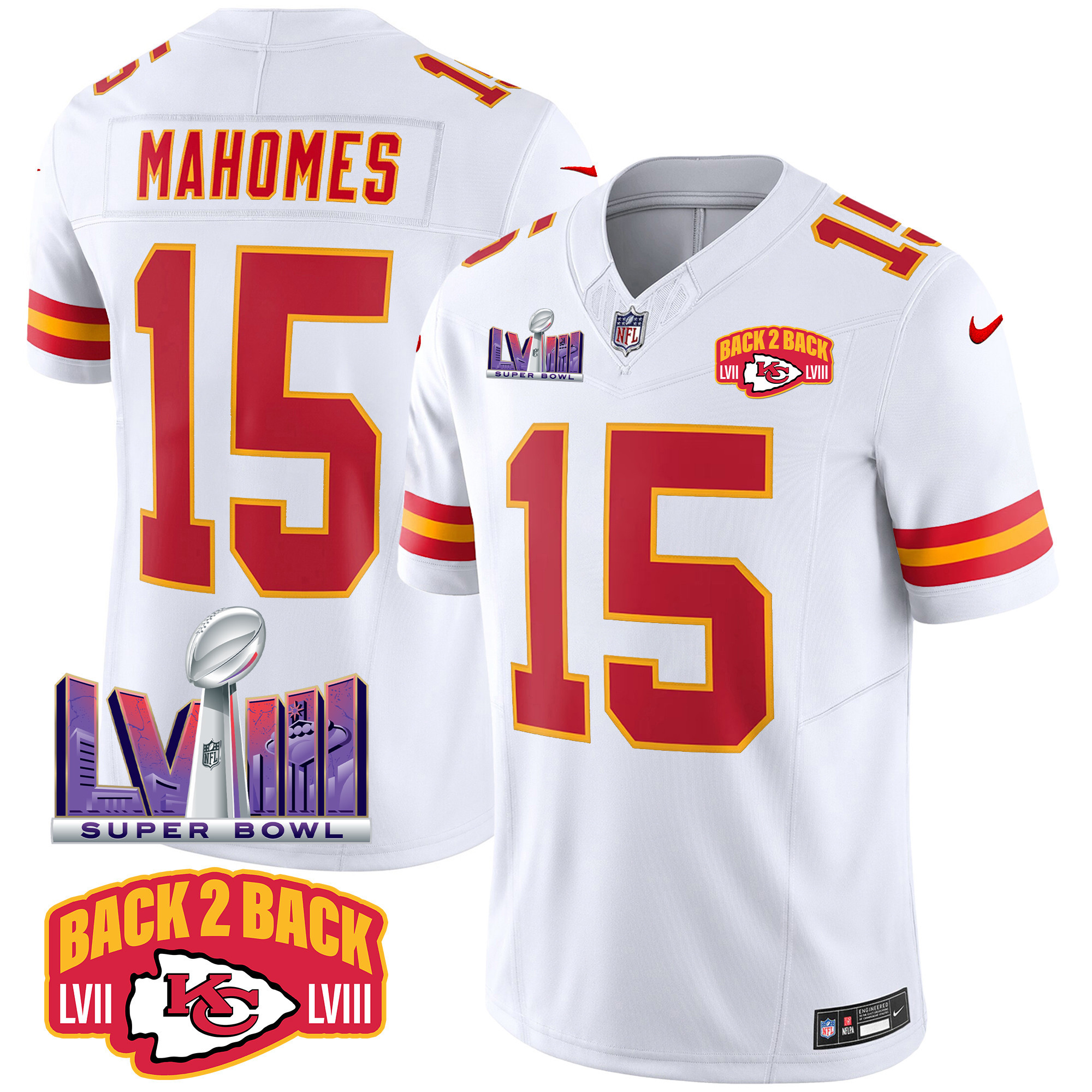Patrick Mahomes Men's Kansas City Chiefs Super Bowl LVIII & Back 2 Back Patch Vapor White Jersey - All Stitched