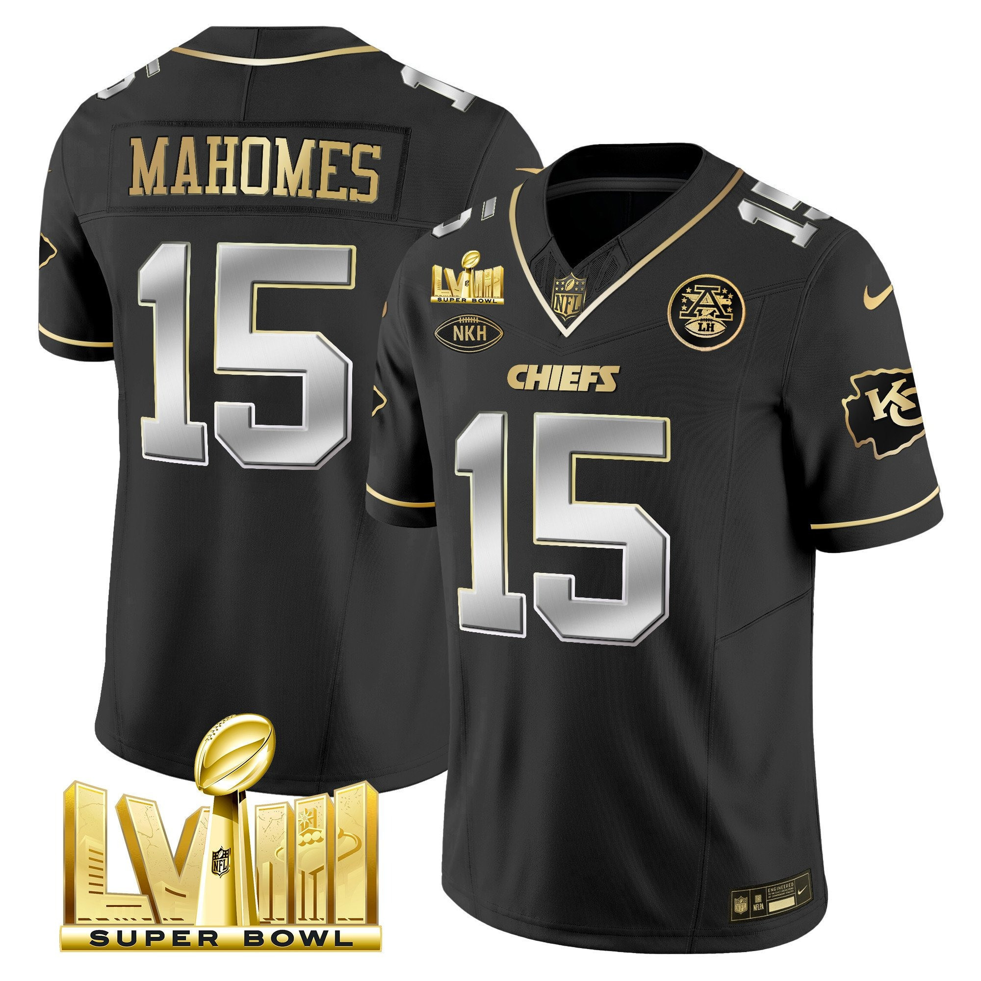 Patrick Mahomes Men's Kansas City Chiefs Super Bowl LVIII Gold Patch Vapor Black Limited Jersey - All Stitched