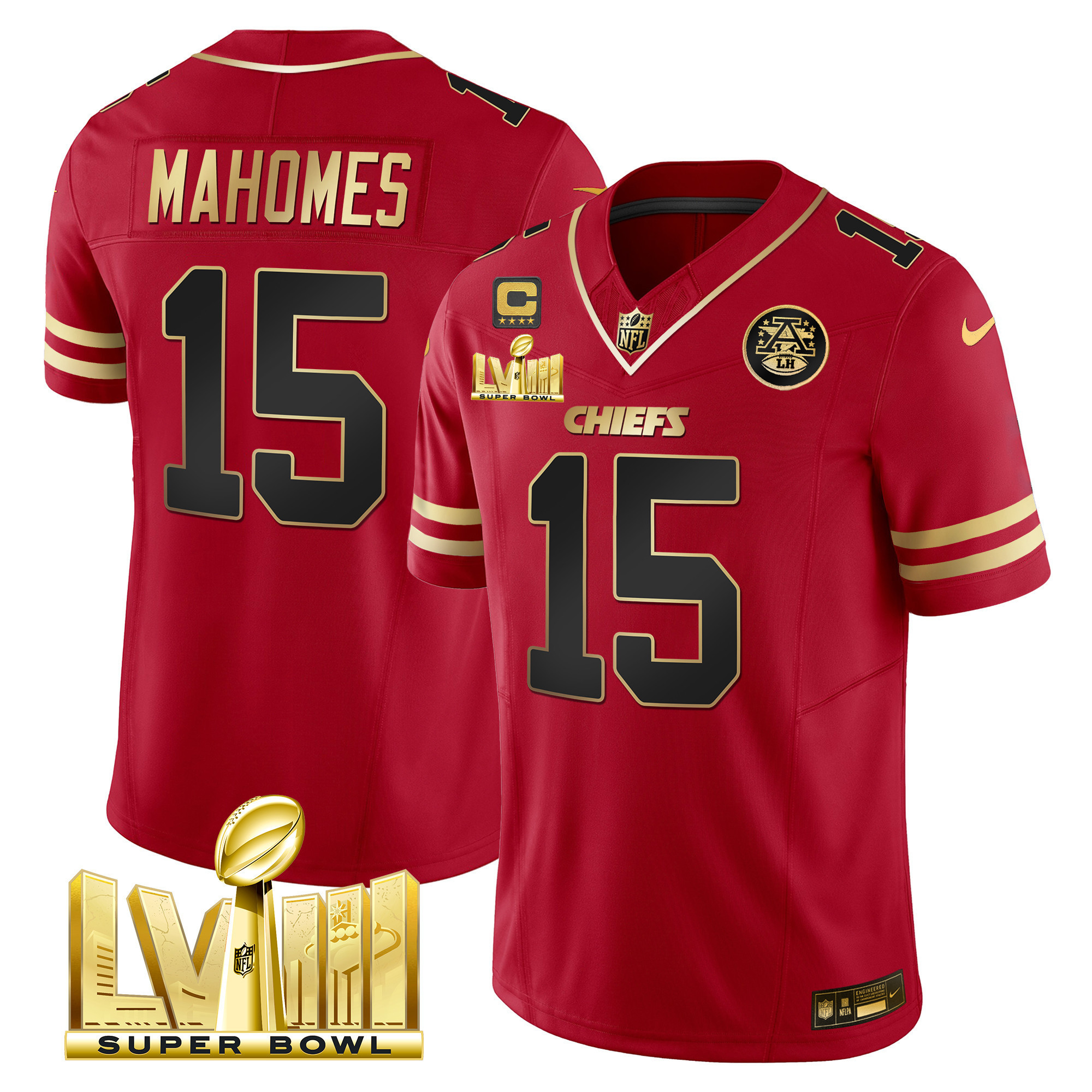 Patrick Mahomes Men's Kansas City Chiefs Super Bowl LVIII Gold Patch Vapor Black Red Jersey - All Stitched