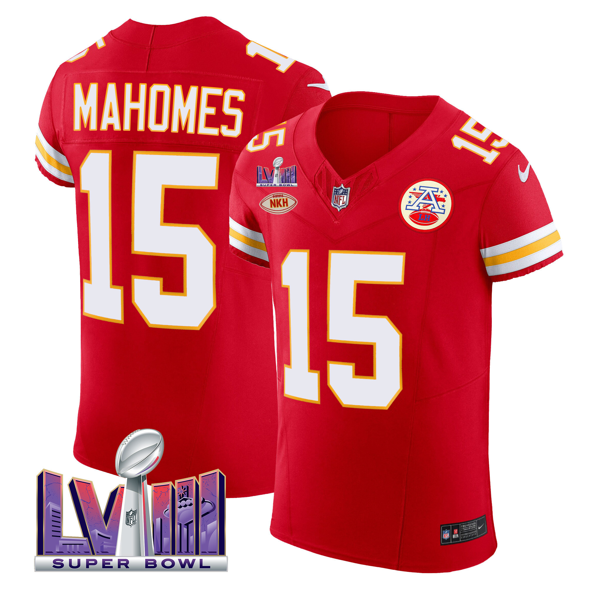 Patrick Mahomes Men's Kansas City Chiefs Super Bowl LVIII Gold Patch Vapor Elite Red Jersey - All Stitched