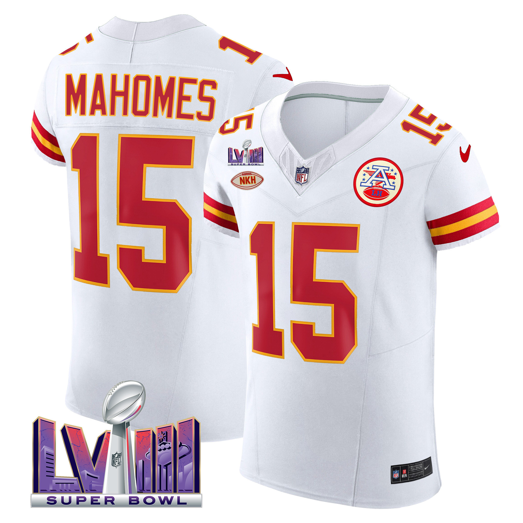 Patrick Mahomes Men's Kansas City Chiefs Super Bowl LVIII Gold Patch Vapor Elite White Jersey - All Stitched