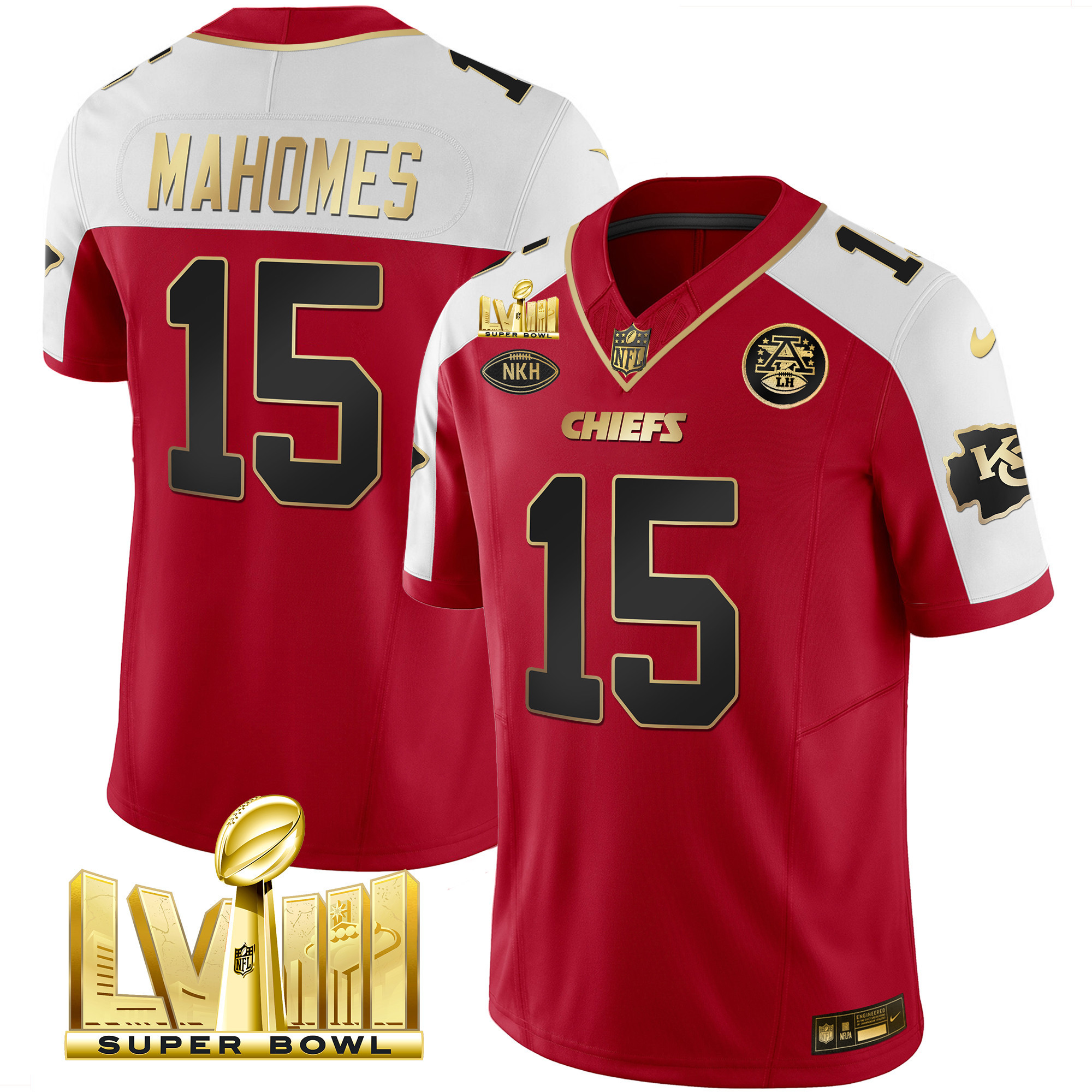 Patrick Mahomes Men's Kansas City Chiefs Super Bowl LVIII Gold Patch Vapor Red Alternate Jersey - All Stitched