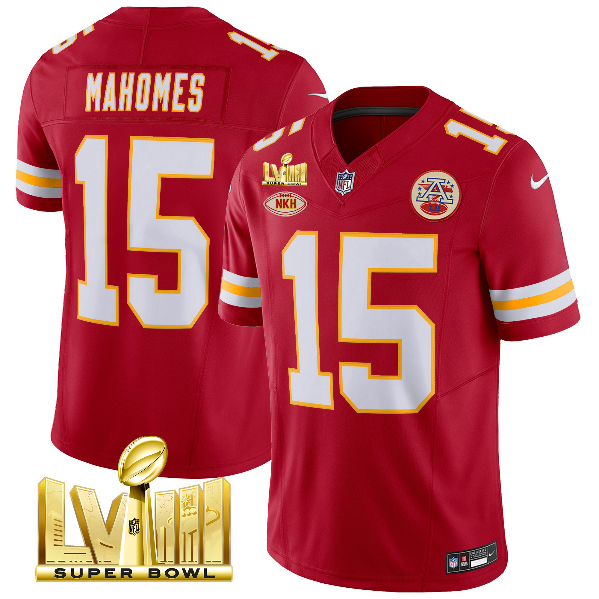 Patrick Mahomes Men's Kansas City Chiefs Super Bowl LVIII Gold Patch Vapor Red Jersey - All Stitched