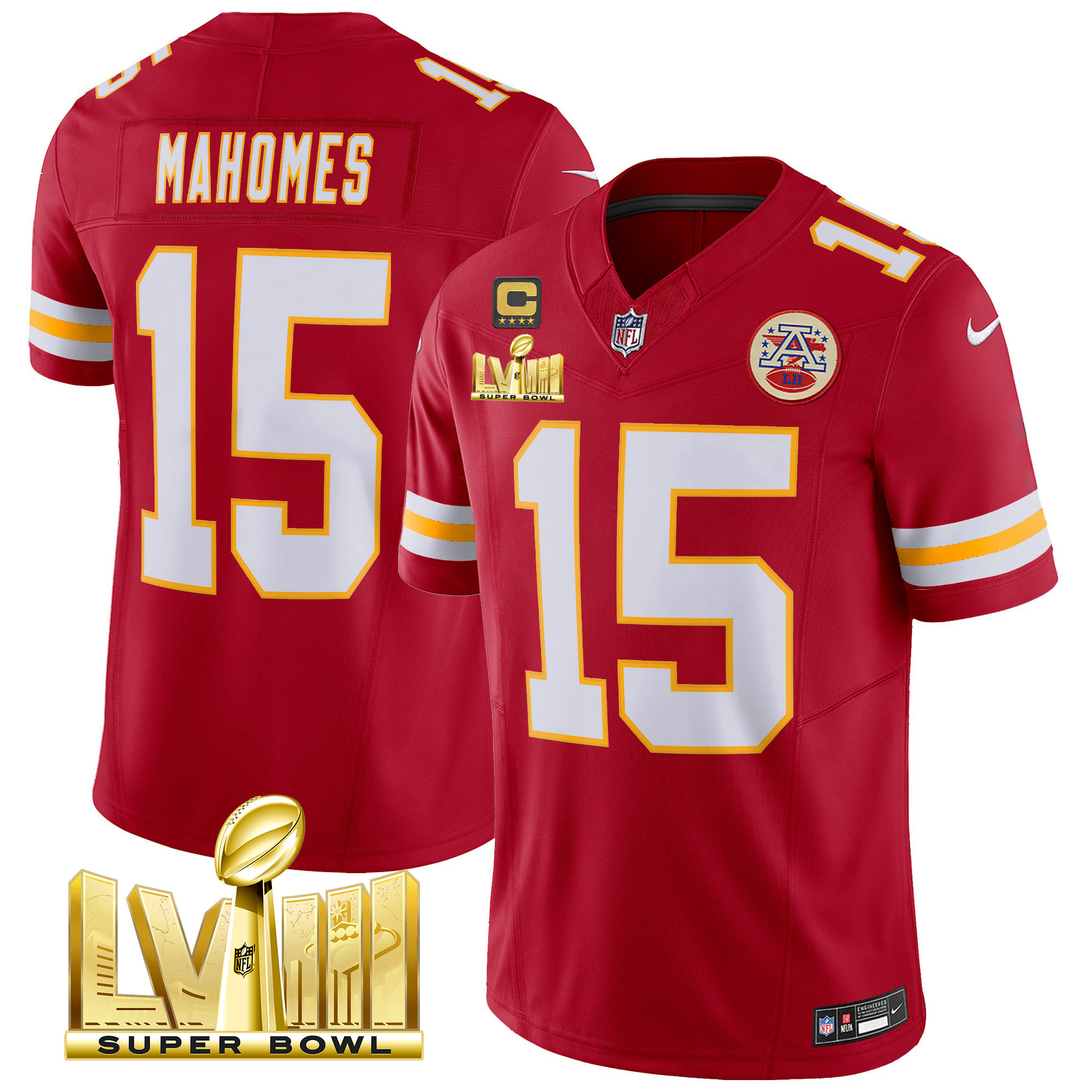Patrick Mahomes Men's Kansas City Chiefs Super Bowl LVIII Gold Patch Vapor Red Jersey - All Stitched