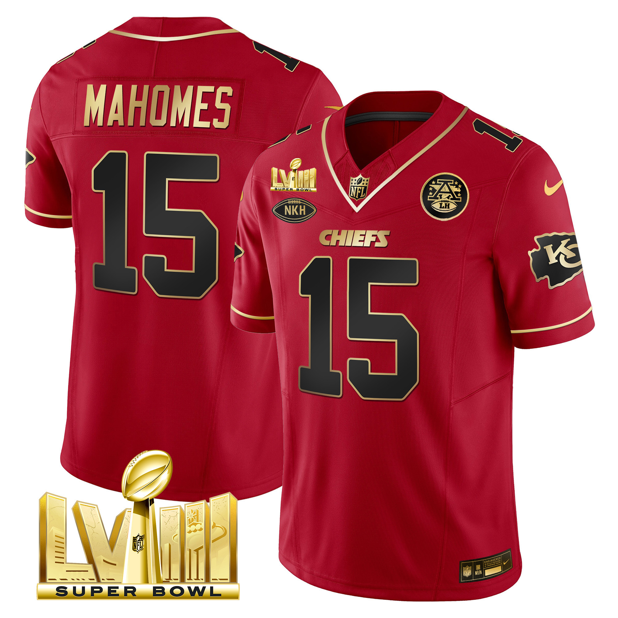 Patrick Mahomes Men's Kansas City Chiefs Super Bowl LVIII Gold Patch Vapor Red Special Jersey - All Stitched