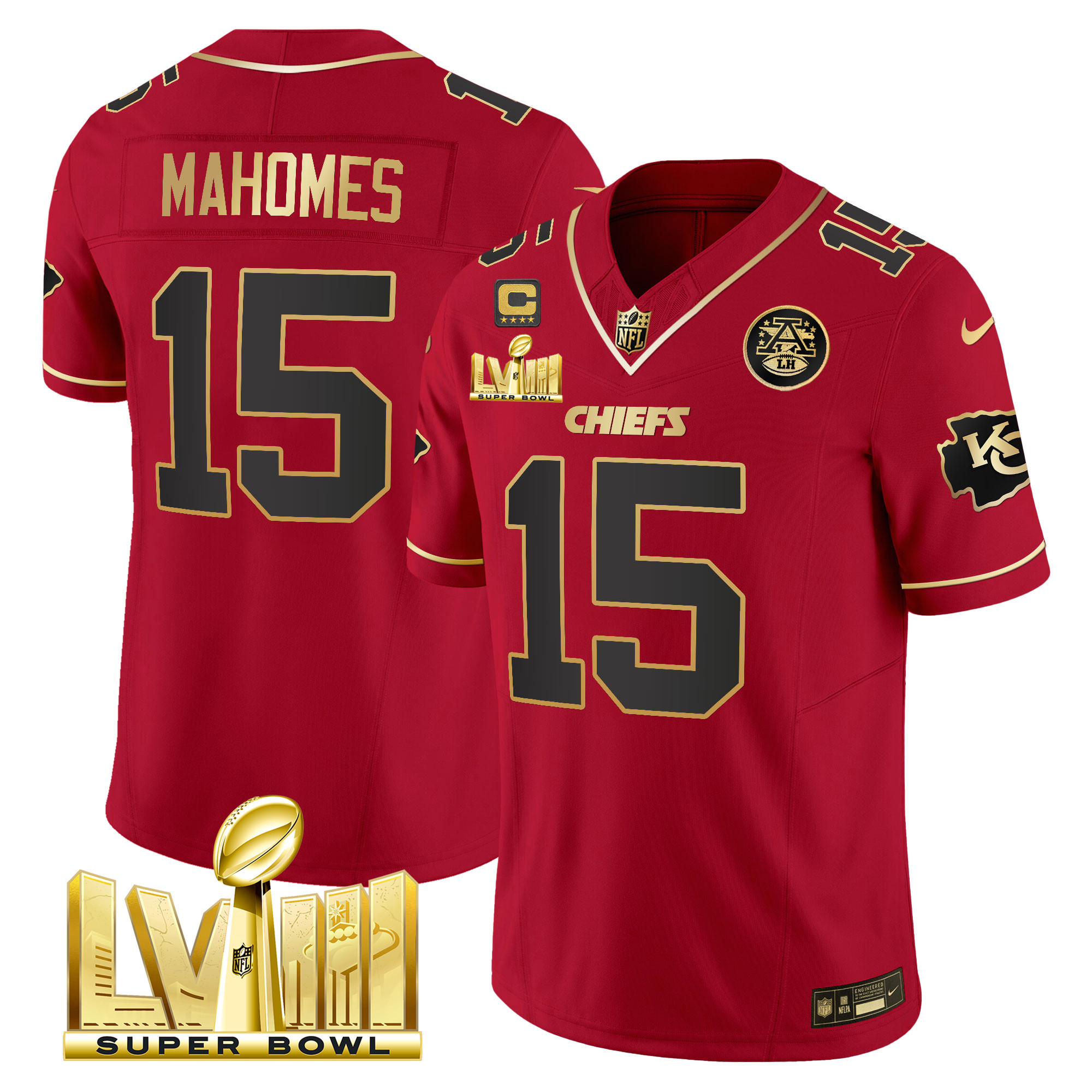 Patrick Mahomes Men's Kansas City Chiefs Super Bowl LVIII Gold Patch Vapor Red Special Jersey - All Stitched