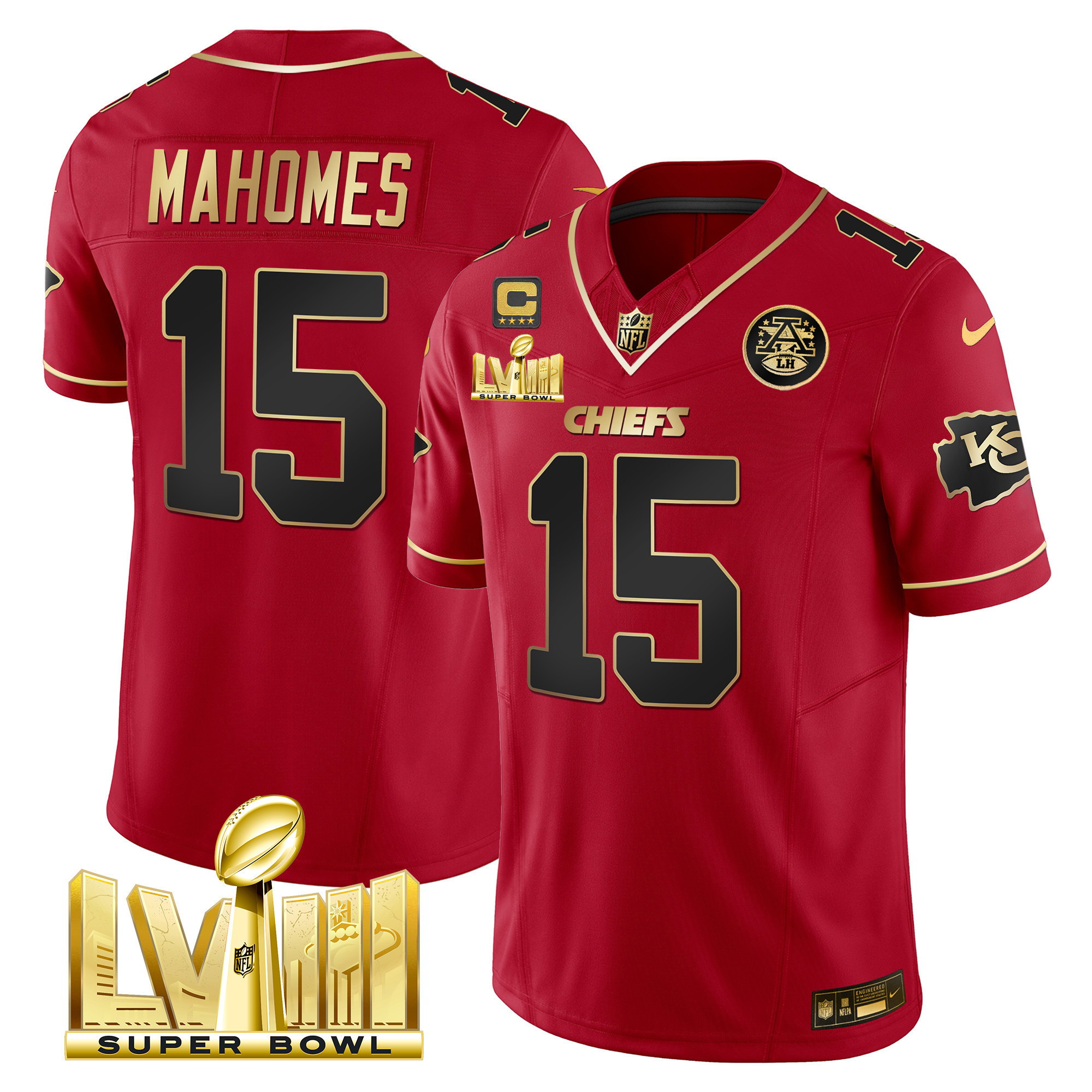 Patrick Mahomes Men's Kansas City Chiefs Super Bowl LVIII Gold Patch Vapor Red Special Jersey - All Stitched