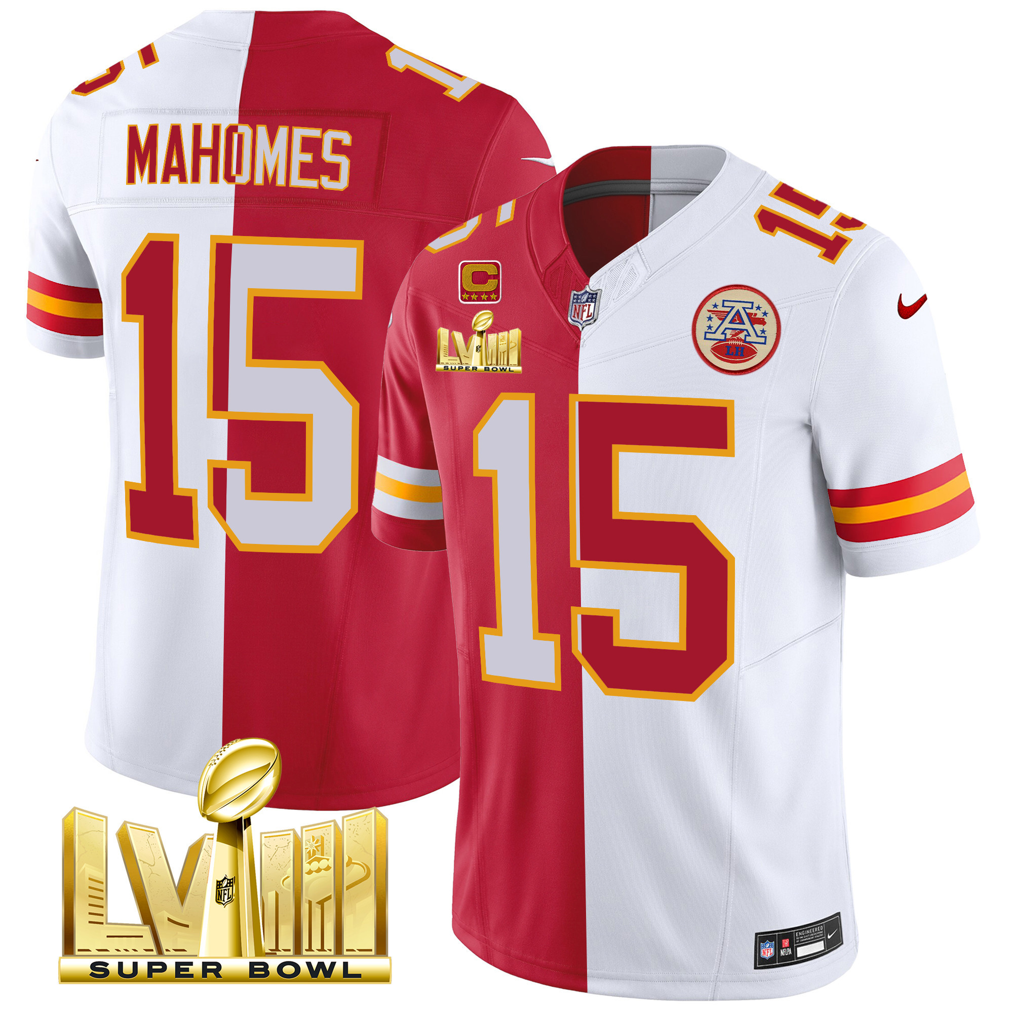 Patrick Mahomes Men's Kansas City Chiefs Super Bowl LVIII Gold Patch Vapor Split Jersey - All Stitched