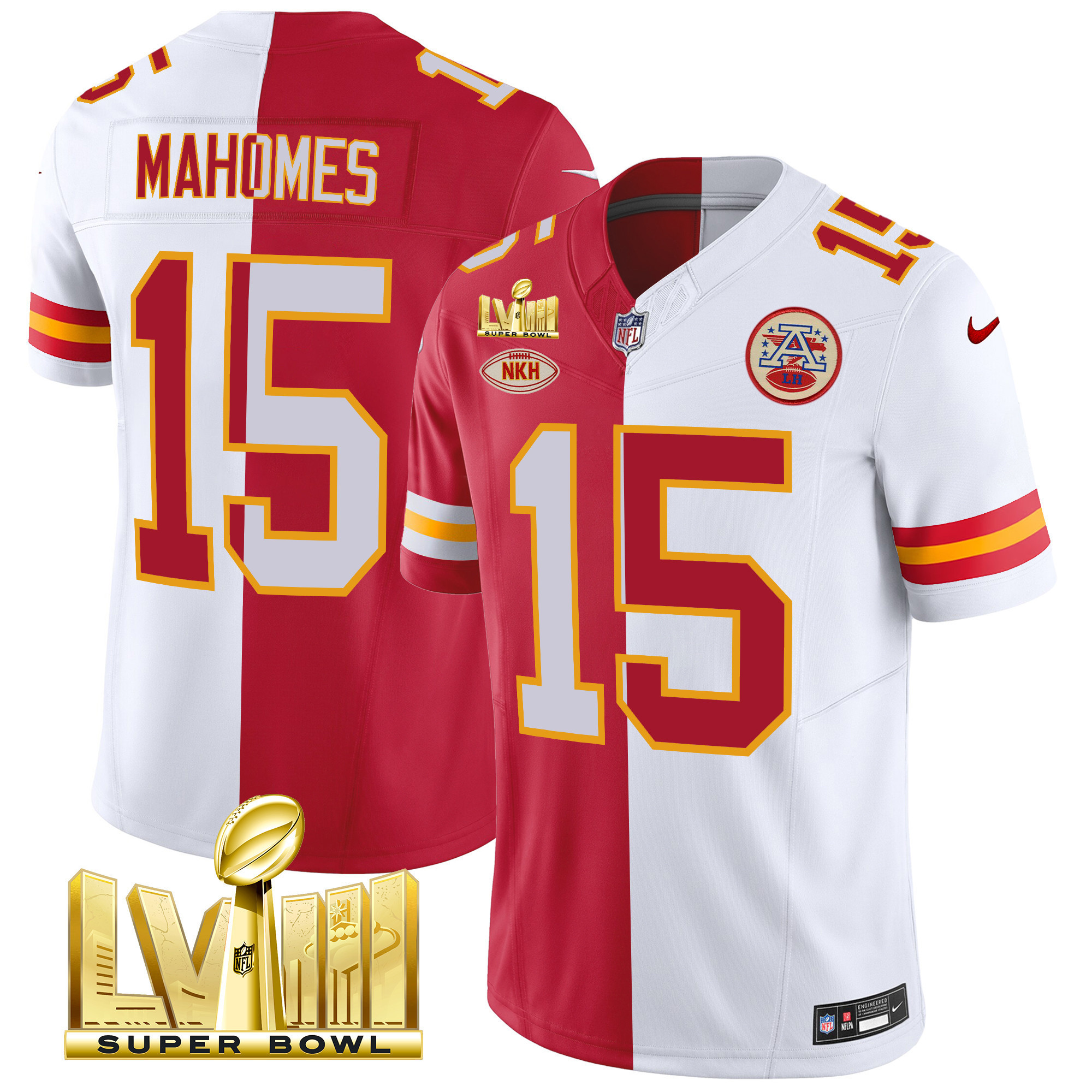 Patrick Mahomes Men's Kansas City Chiefs Super Bowl LVIII Gold Patch Vapor Split Jersey - All Stitched
