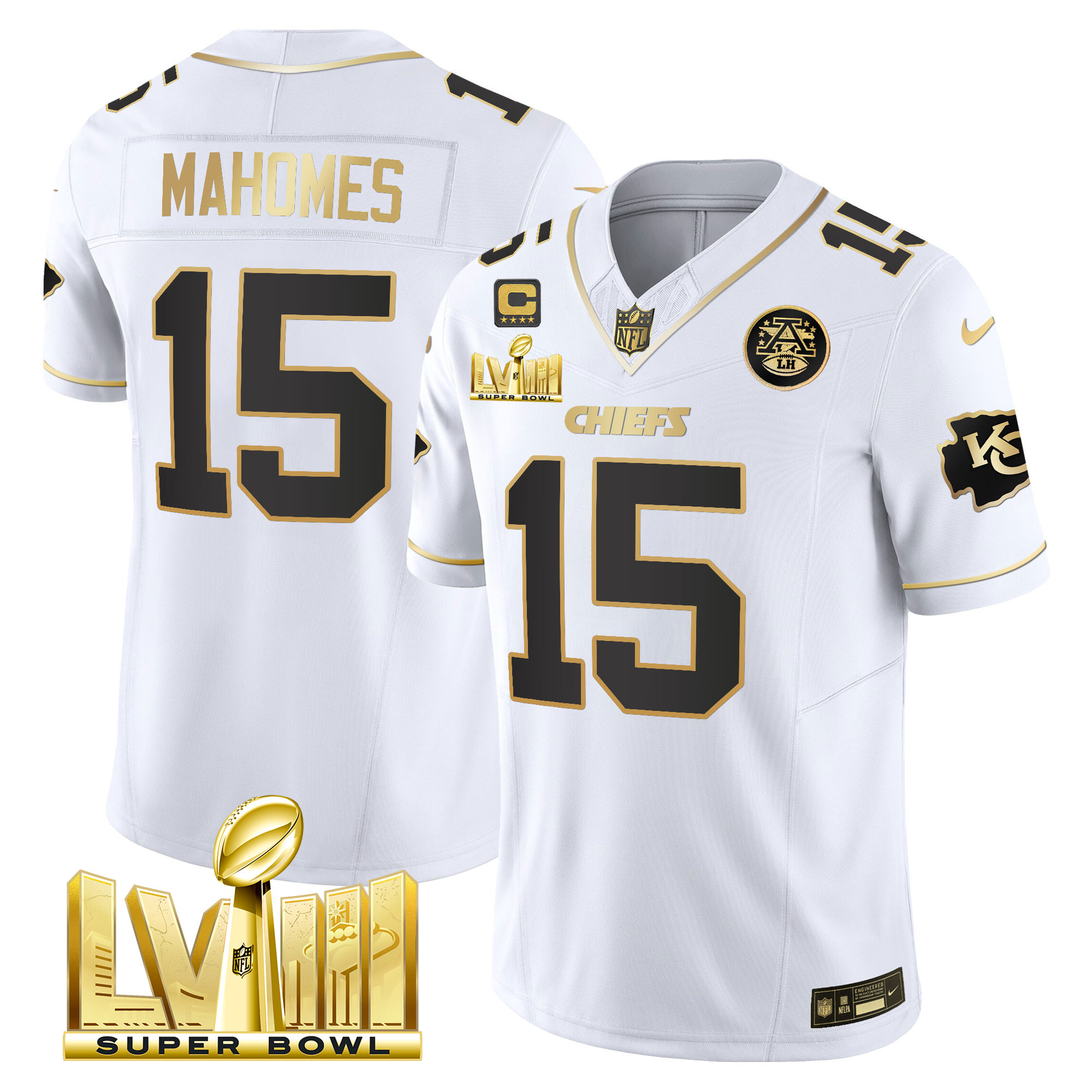 Patrick Mahomes Men's Kansas City Chiefs Super Bowl LVIII Gold Patch Vapor White Gold Jersey - All Stitched