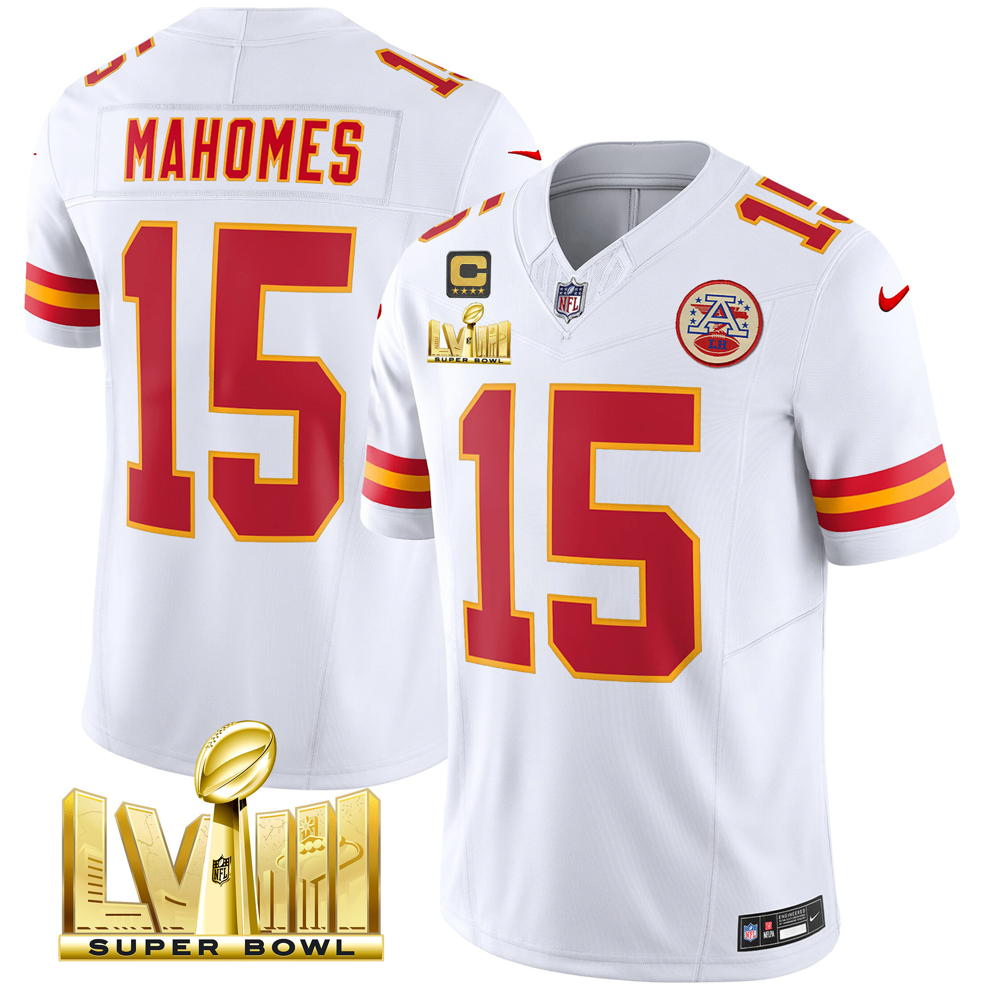 Patrick Mahomes Men's Kansas City Chiefs Super Bowl LVIII Gold Patch Vapor White Jersey - All Stitched