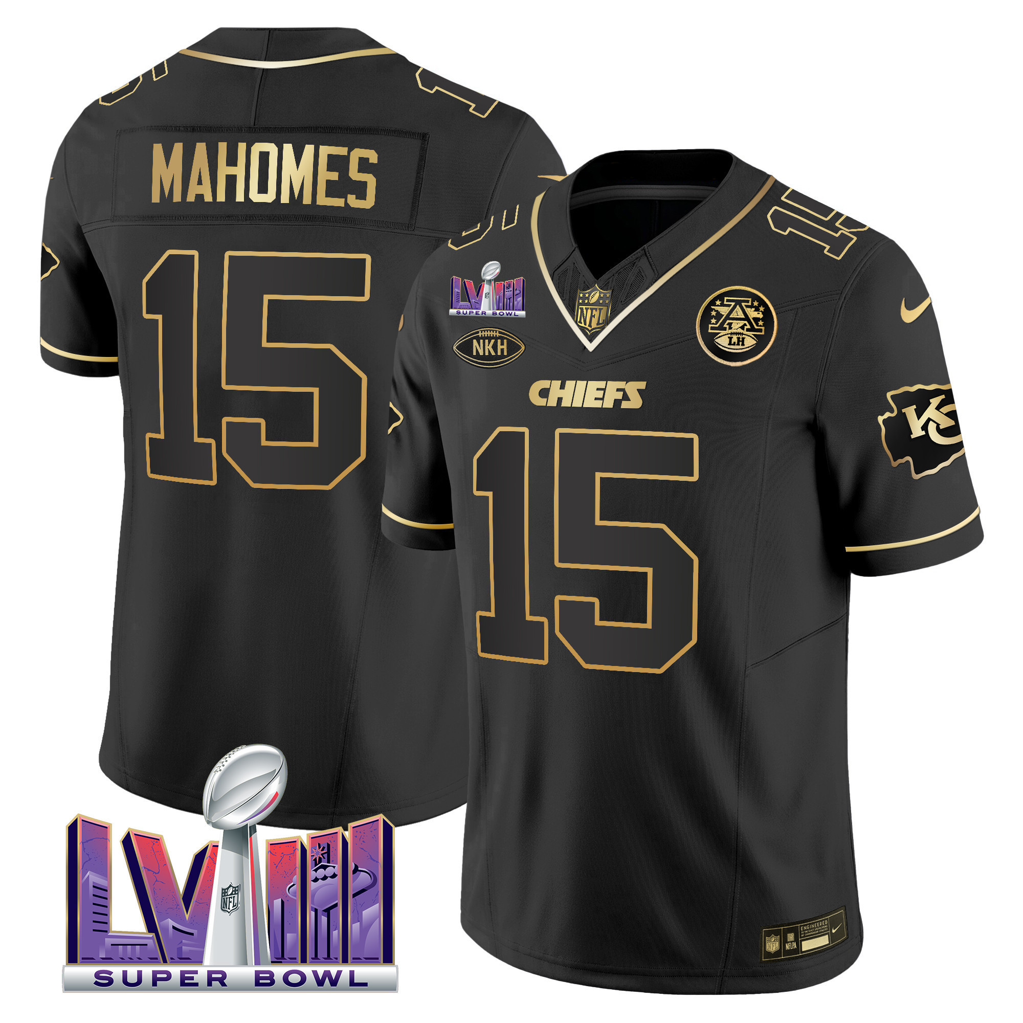 Patrick Mahomes Men's Kansas City Chiefs Super Bowl LVIII Patch Vapor Black Gold Jersey - All Stitched
