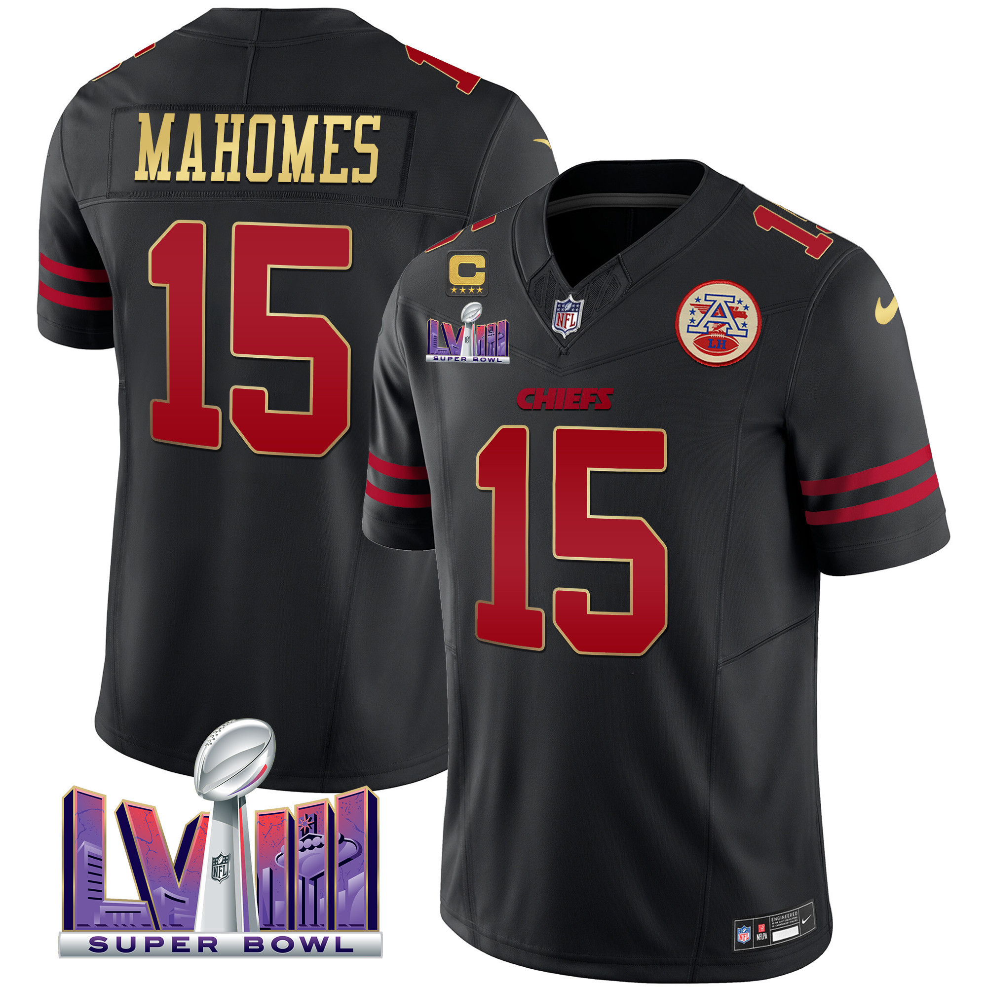 Patrick Mahomes Men's Kansas City Chiefs Super Bowl LVIII Patch Vapor Gold Trim Jersey - All Stitched