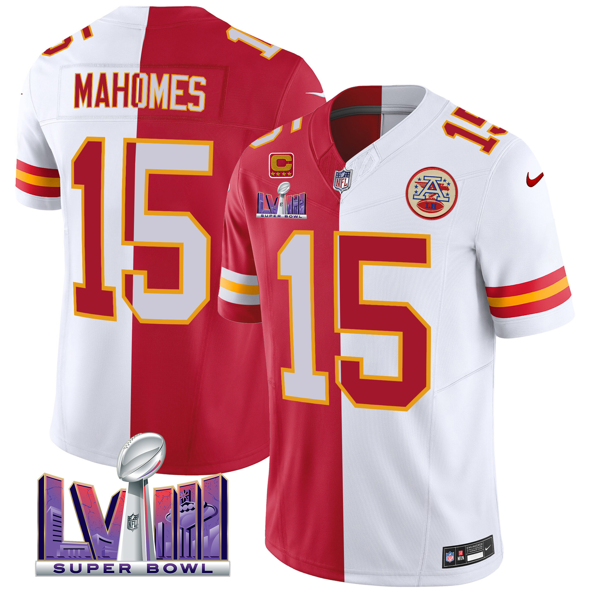 Patrick Mahomes Men's Kansas City Chiefs Super Bowl LVIII Patch Vapor Split Jersey - All Stitched