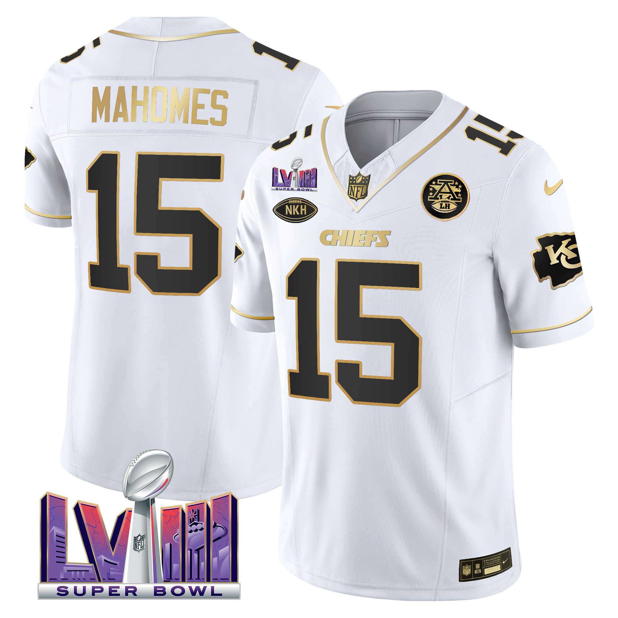Patrick Mahomes Men's Kansas City Chiefs Super Bowl LVIII Patch Vapor White Gold Jersey - All Stitched