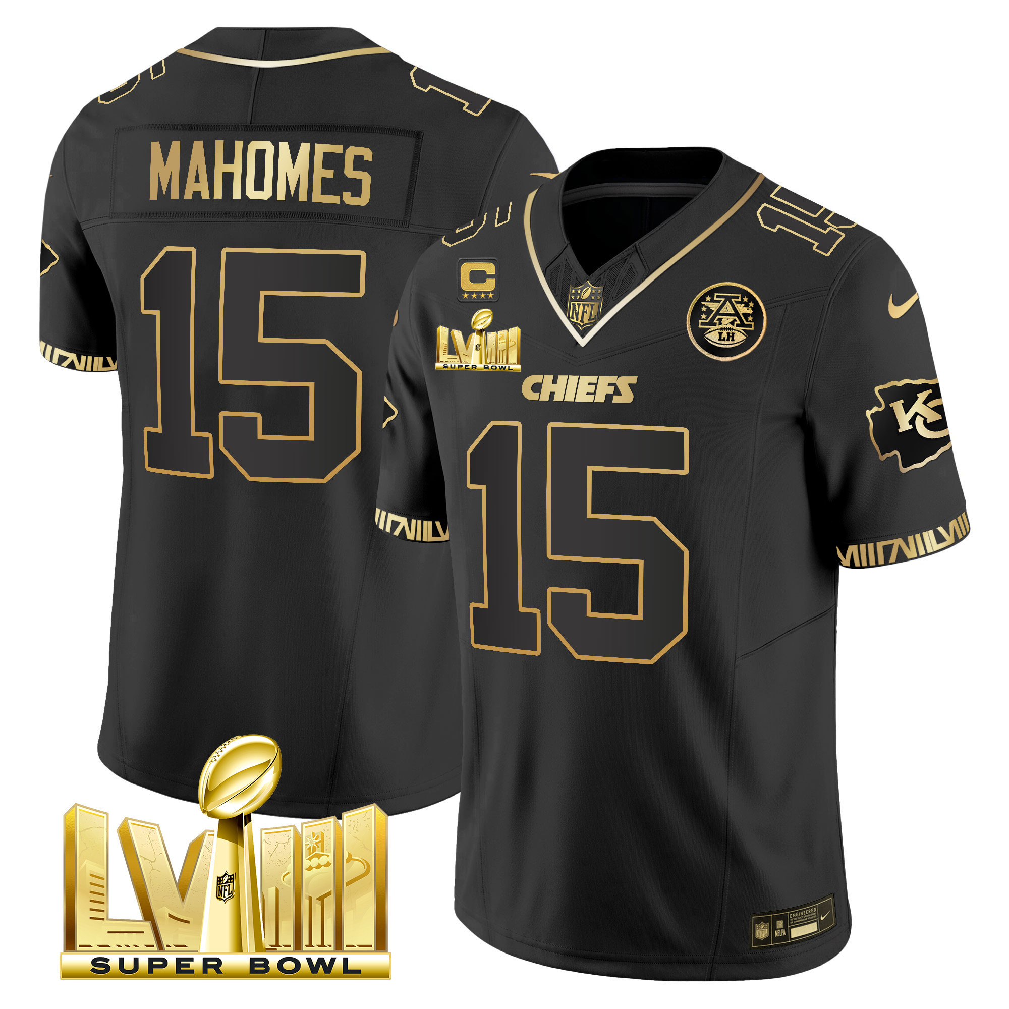 Patrick Mahomes Men's Kansas City Chiefs Super Bowl LVIII Pattern Gold Vapor Black Gold Jersey - All Stitched