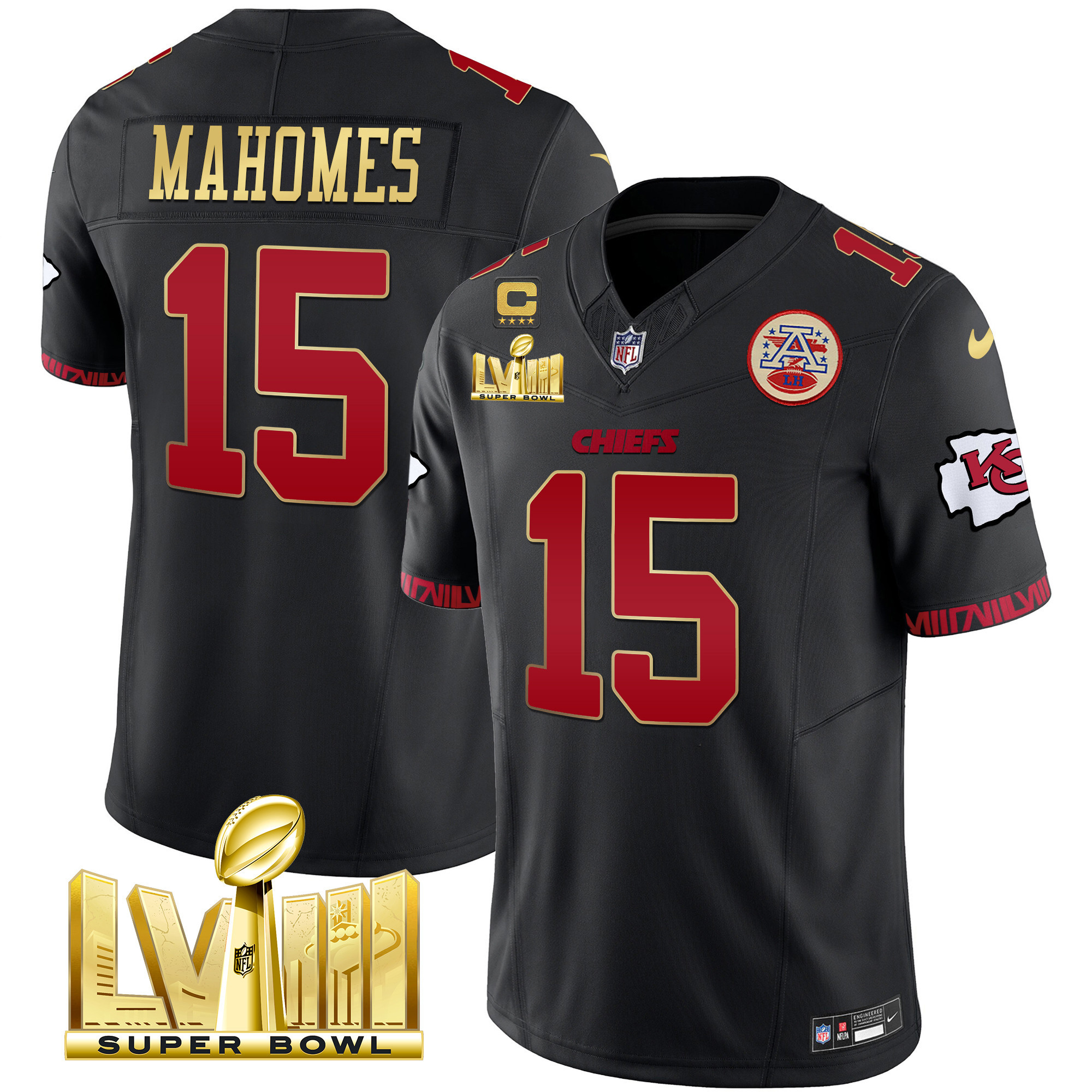 Patrick Mahomes Men's Kansas City Chiefs Super Bowl LVIII Pattern Gold Vapor Gold Trim Jersey - All Stitched