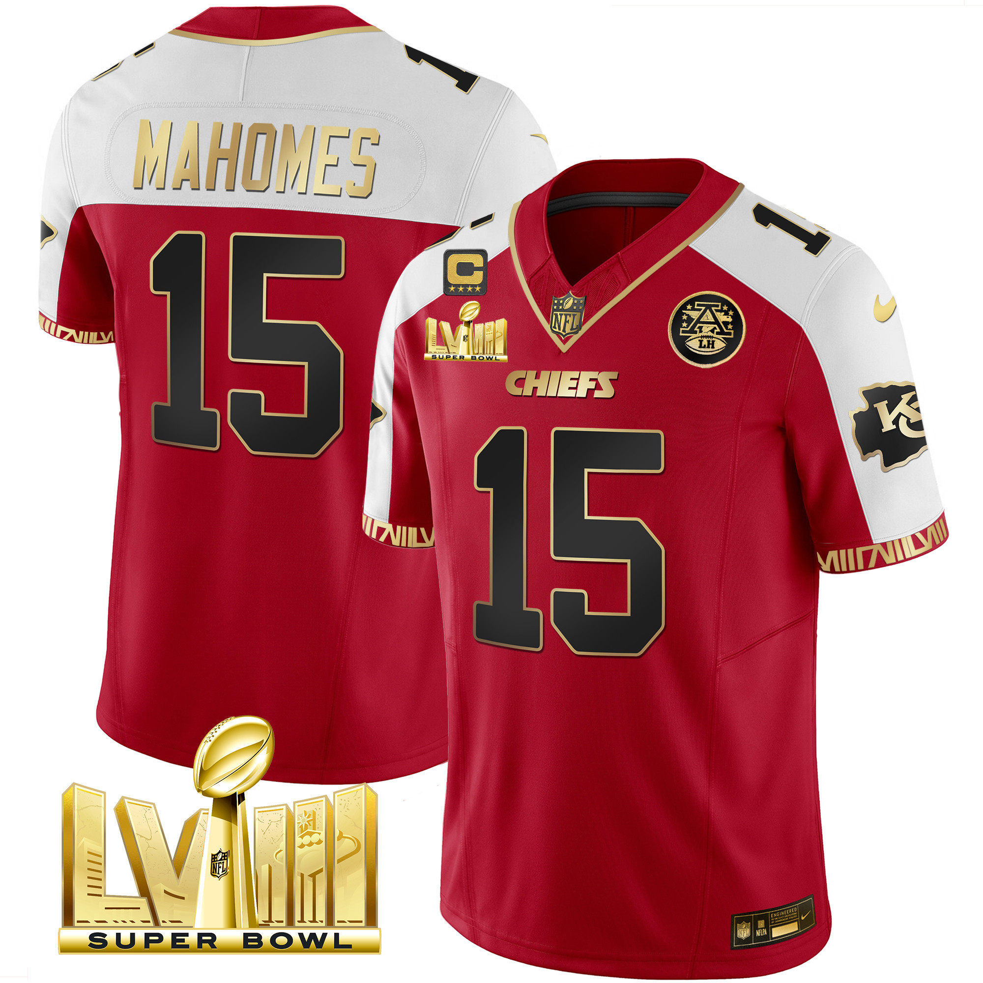 Patrick Mahomes Men's Kansas City Chiefs Super Bowl LVIII Pattern Gold Vapor Red Alternate Jersey - All Stitched